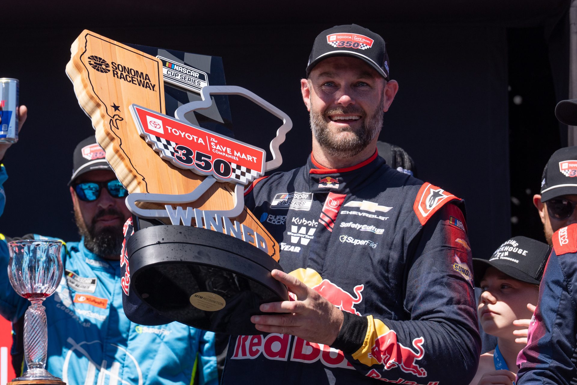 Trackhouse Racing driver Shane Van Gisbergen (97) celebrates after winning the NASCAR Toyota / Save Mart 350 series race at Sonoma Raceway.