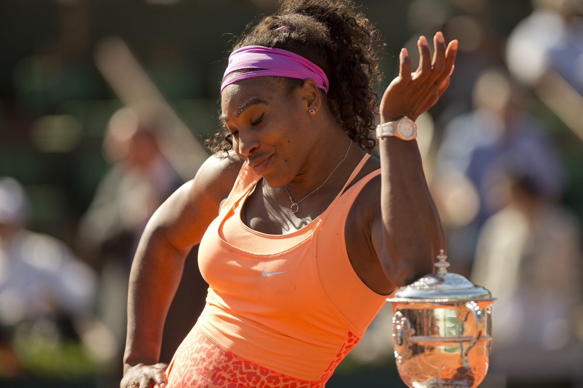 Serena Williams (USA) poses with the trophy after her match against Lucie Safarova (CZE) on day 14 of the 2015 French Open at Roland Garros.
