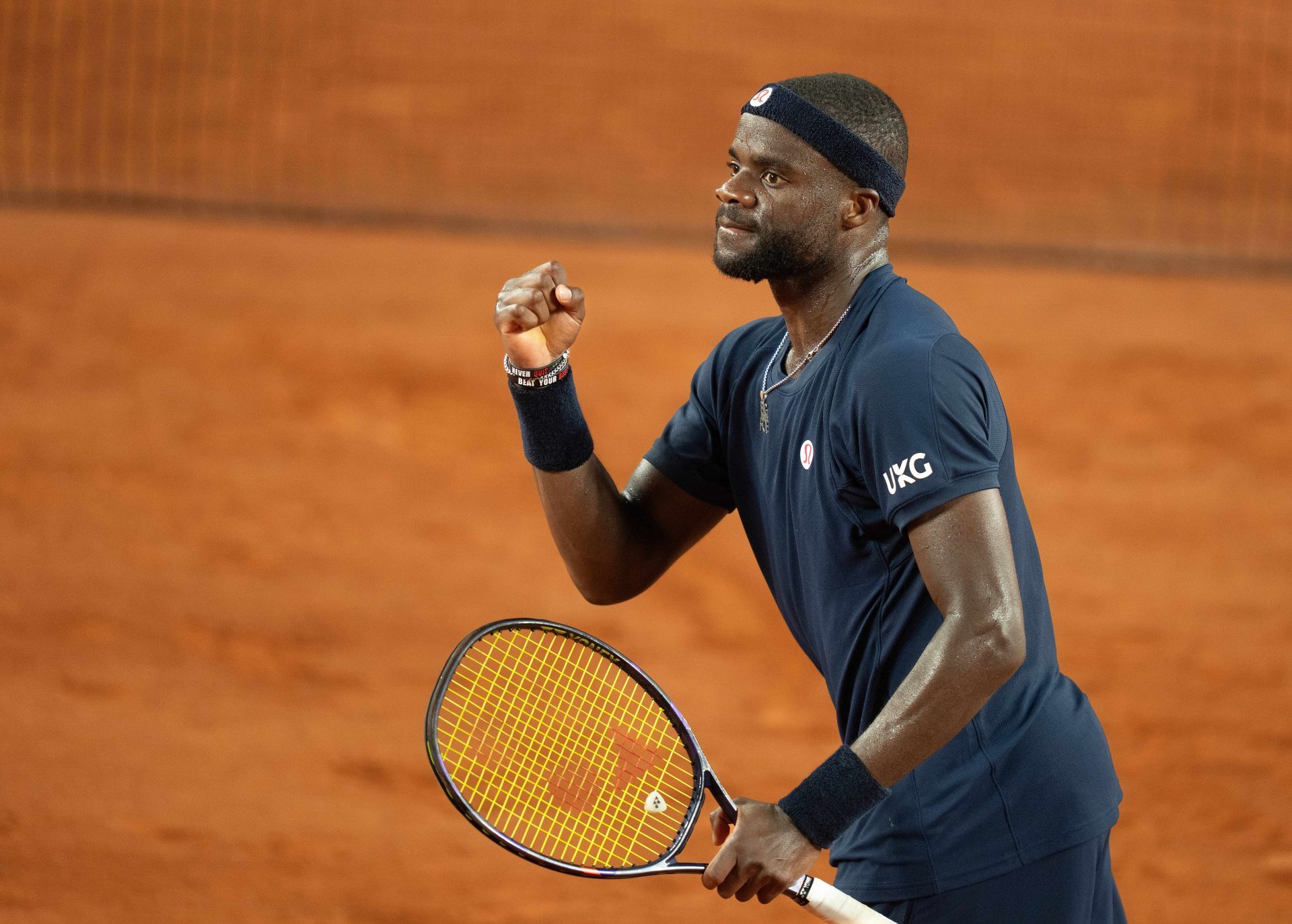 Frances Tiafoe of the United States reacts during his match against Matteo Arnaldi of Italy on day nine at Stade Roland Garros.