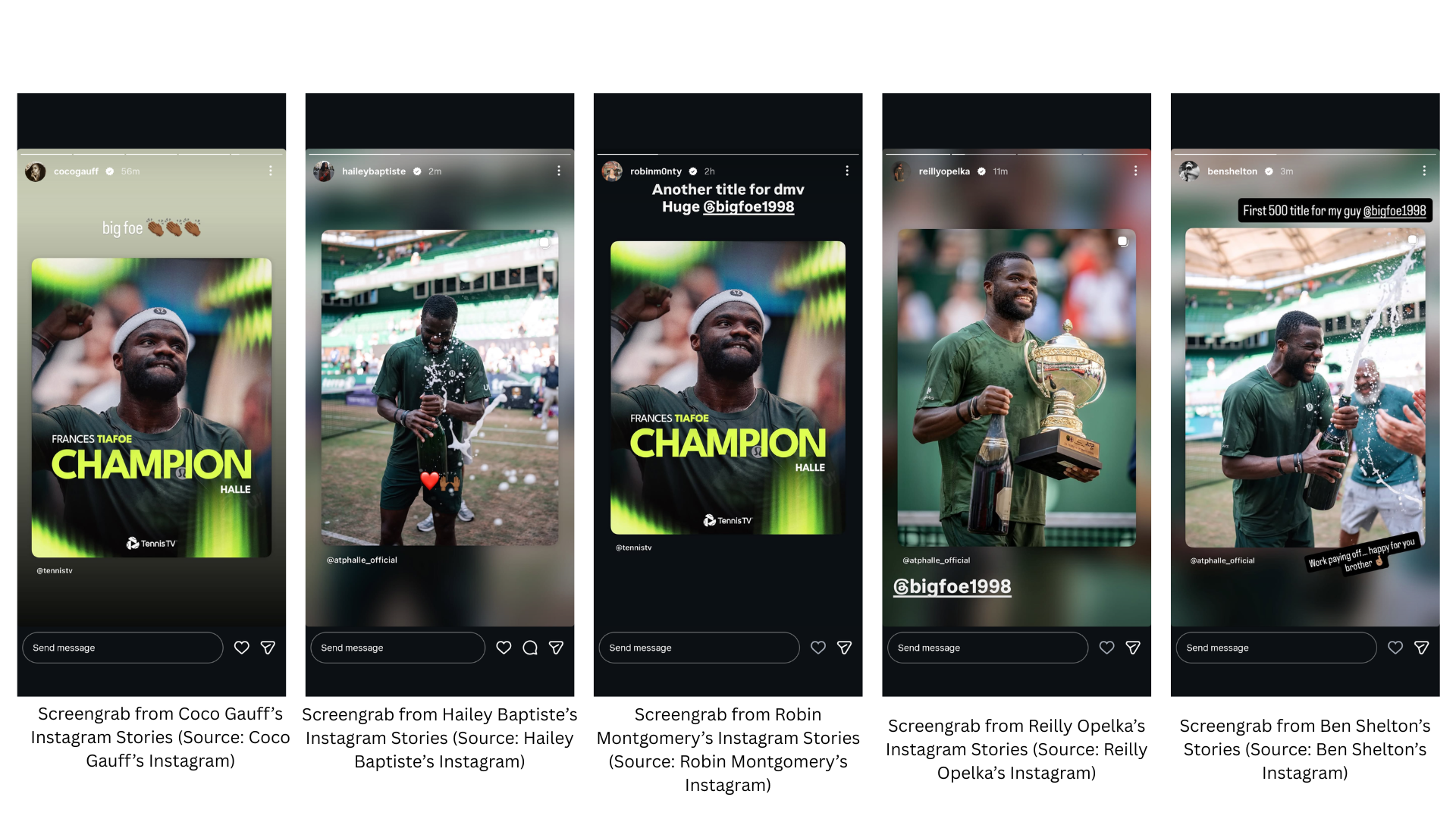 Screengrab from the Instagram Stories of Coco Gauff, Ben Shelton, Robin Montgomery, Reilly Opelka, and Hailey Baptiste.