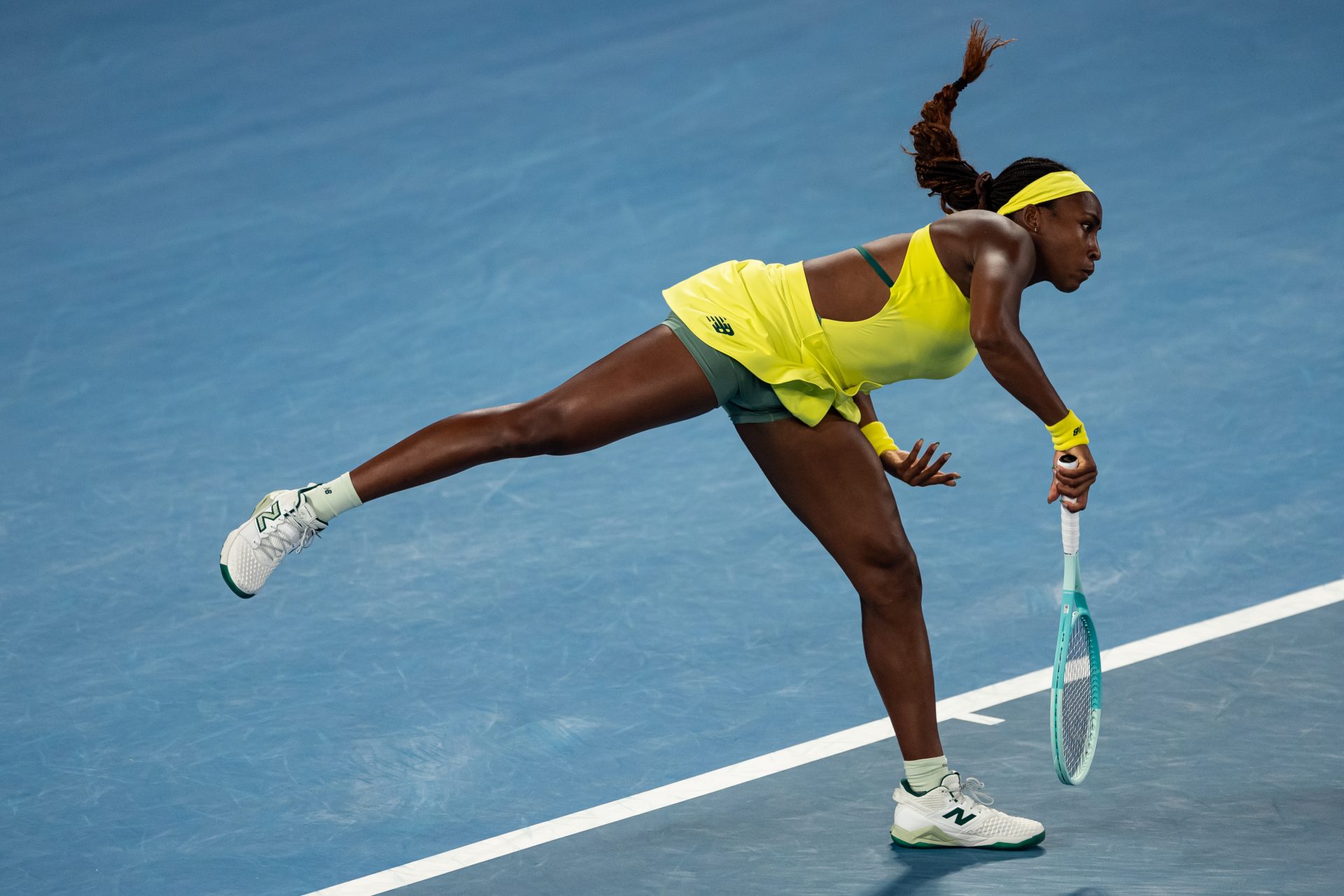 Coco Gauff of United States of America serves during her match against Jodie Burrage of United Kingdom in the second round of the women's singles at the 2025 Australian Open at Melbourne Park.