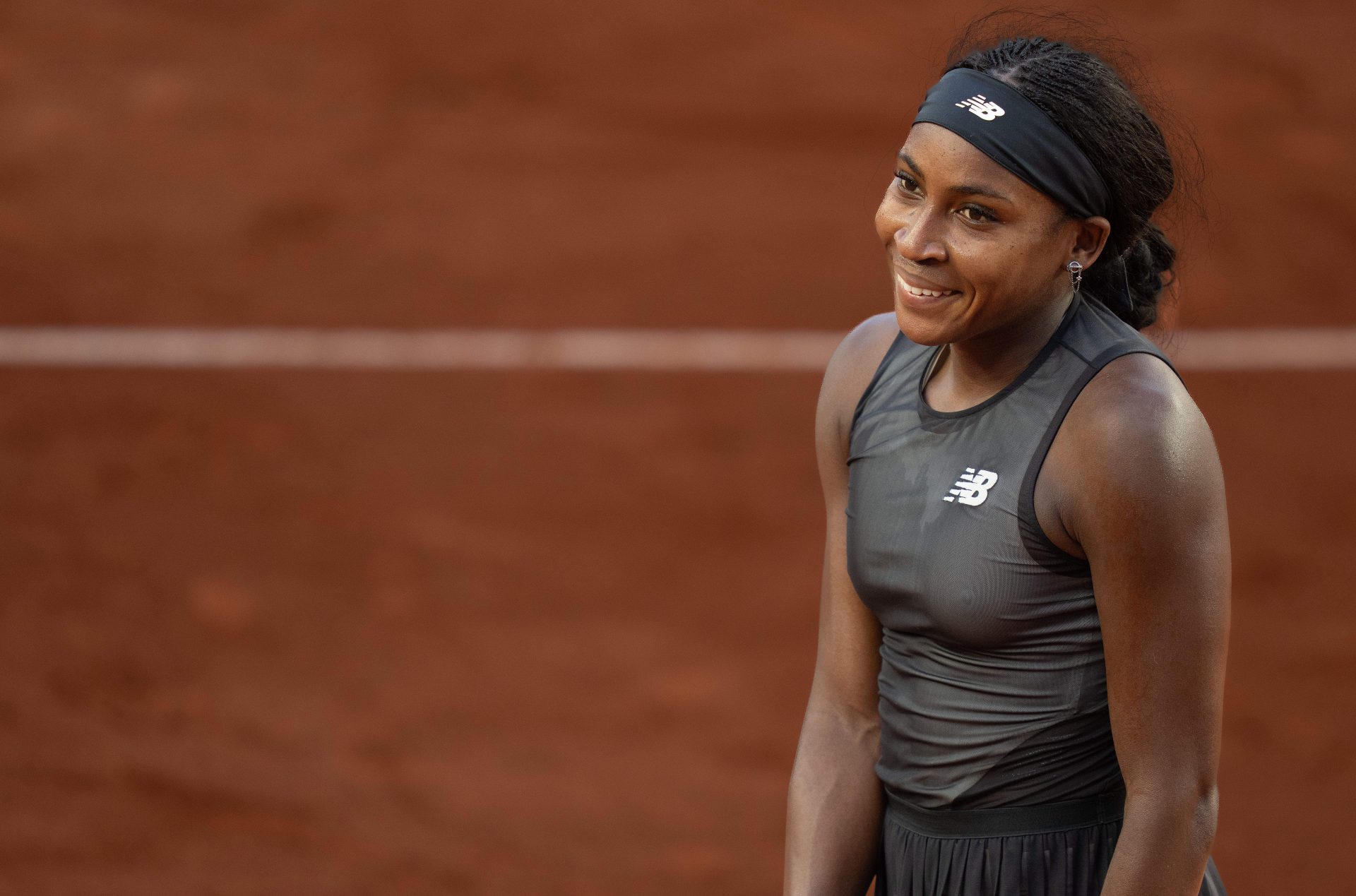 Coco Gauff of the United States reacts to winning her match against Mayar Sherif of Egypt on day five at Stade Roland Garros.