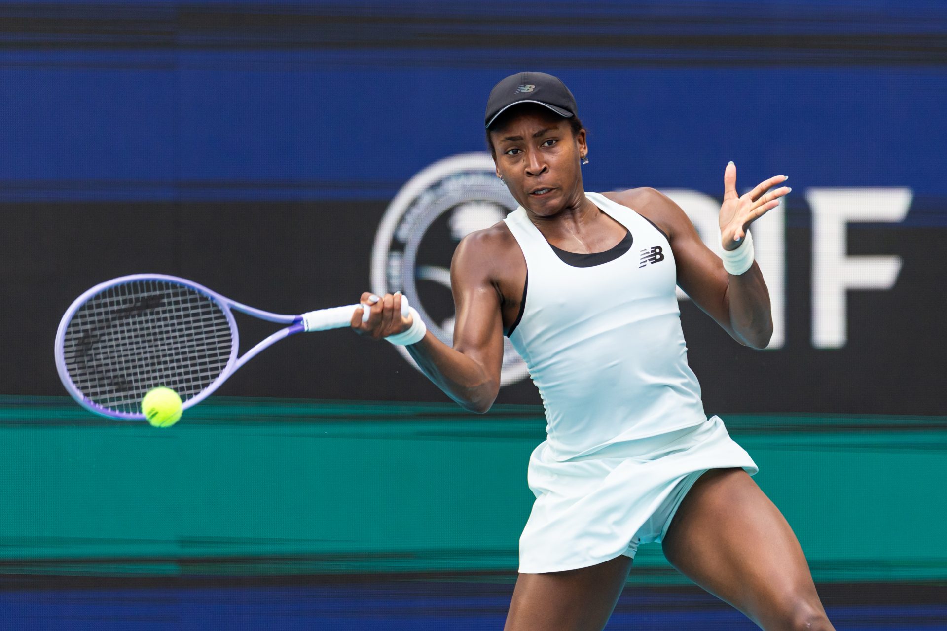 Coco Gauff of the United States hits a shot against Karolina Muchova of the Czech Republic in the semi-finals of the women’s singles at the Miami Open at the Hard Rock Stadium.