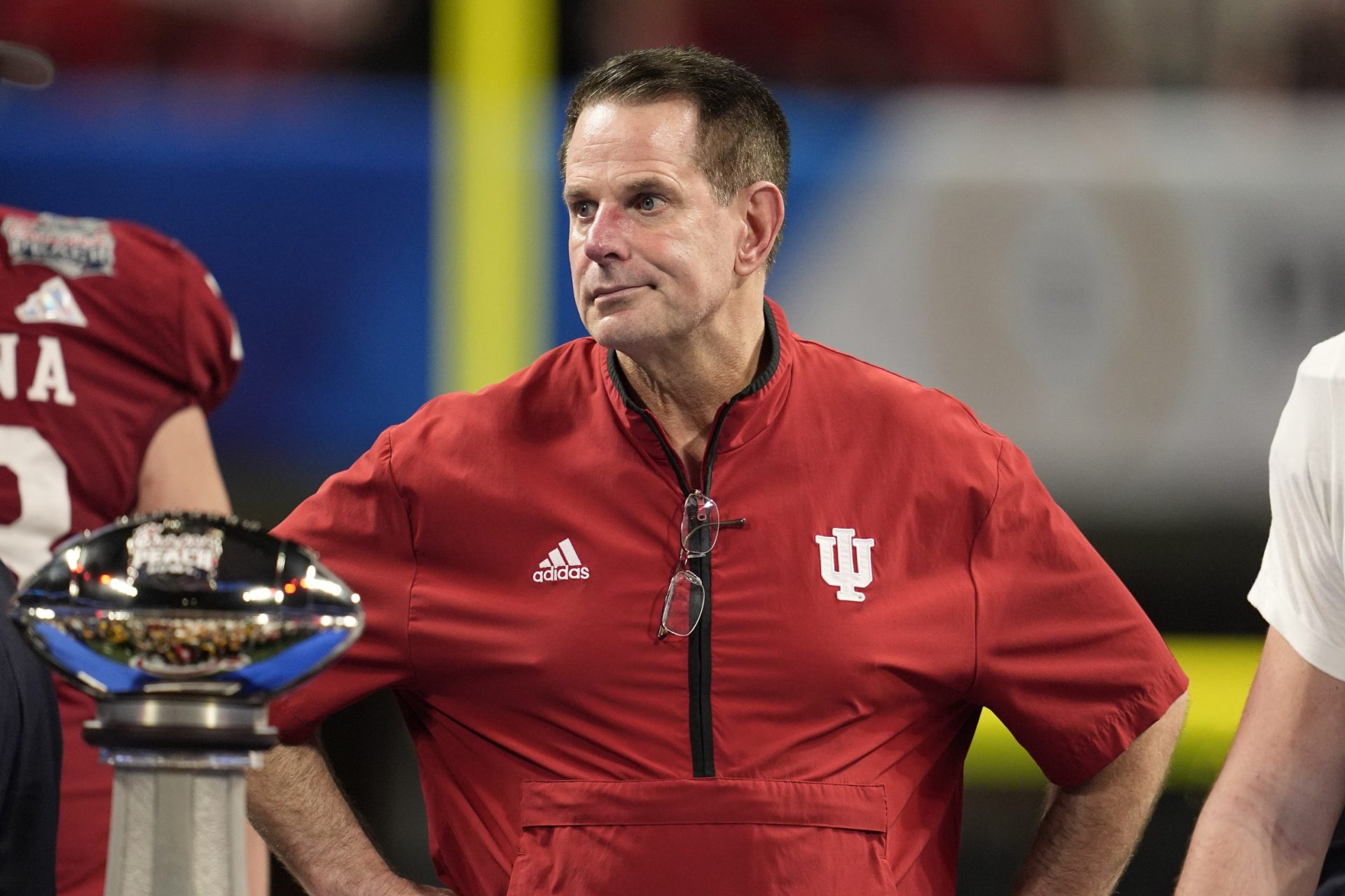Indiana Hoosiers head coach Curt Cignetti reacts on stage after the 2025 Peach Bowl and semifinal game of the College Football Playoff against the Oregon Ducks at Mercedes-Benz Stadium.