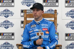 Joe Gibbs Racing driver Denny Hamlin (11) will start from the pole tomorrow at Nashville Superspeedway.