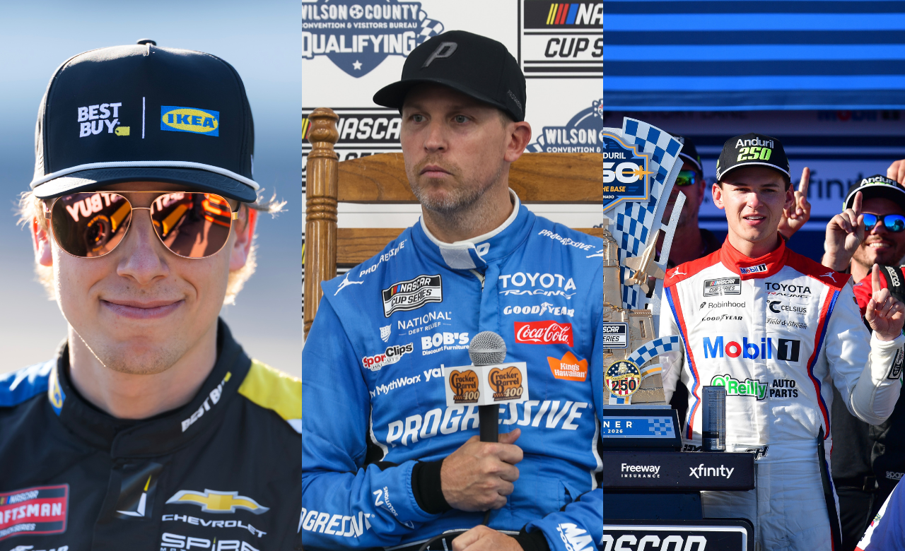 Carson Hocevar, Denny Hamlin, and Corey Heim - Source: Imagn