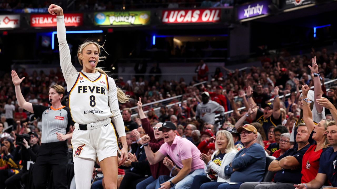 Indiana Fever guard Sophie Cunningham (8) celebrates a 3-pointer Tuesday, June 16, 2026, during the second half of a game at Gainbridge Fieldhouse in Indianapolis - Source: Imagn Images