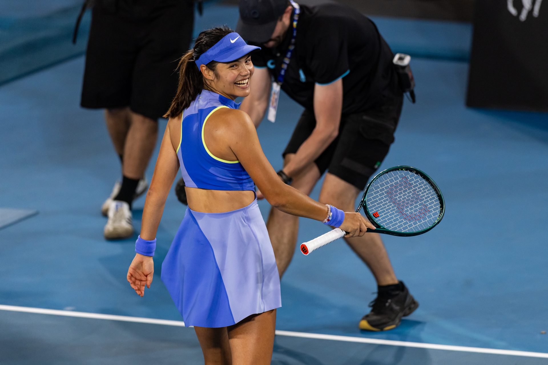 Emma Raducanu of United Kingdom celebrates her victory over Mananchaya Sawangkaew of Thailand in the first round of the women’s singles at the Australian Open at Margaret Court Arena in Melbourne Park.