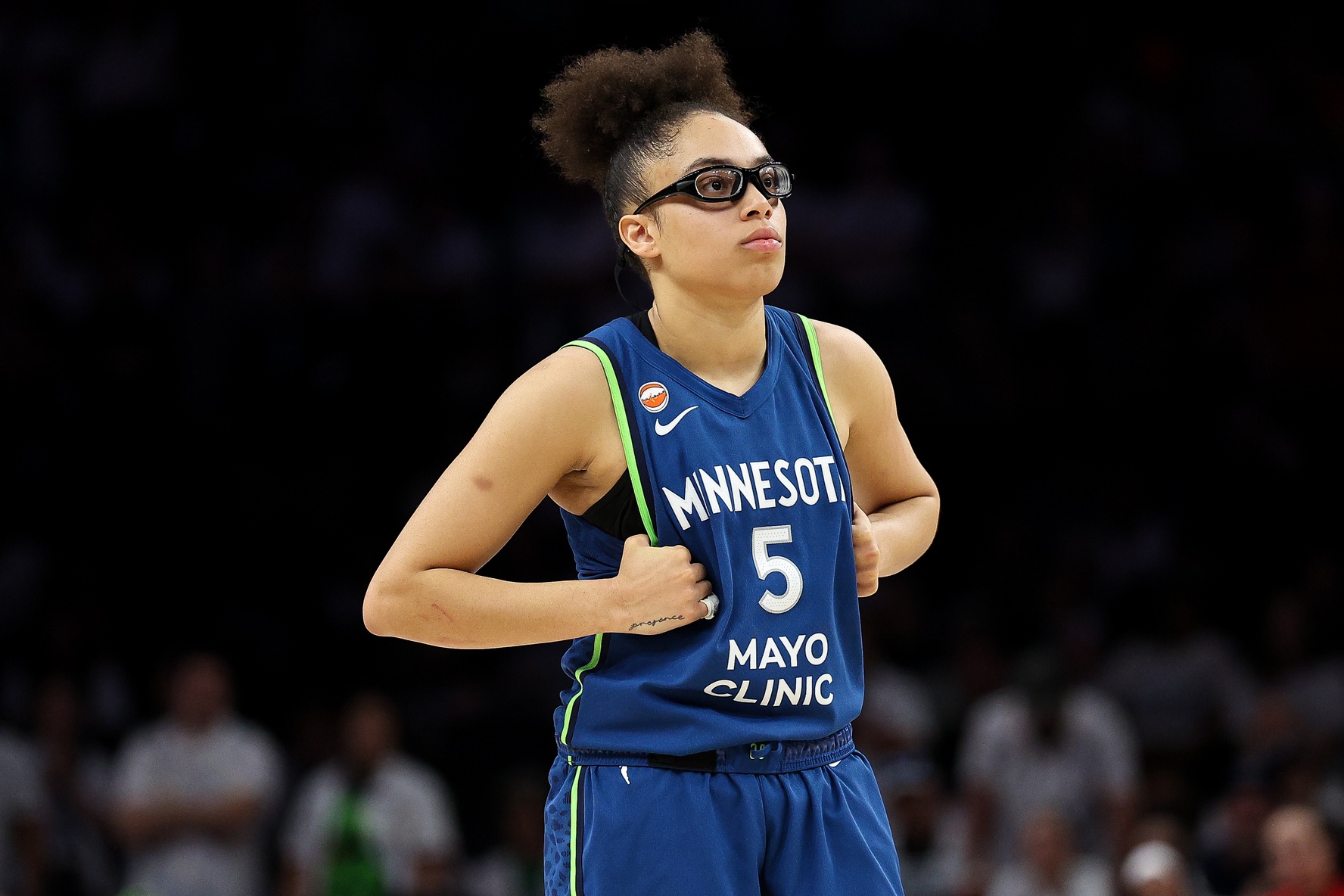 Minnesota Lynx guard Olivia Miles (5) reacts during the second half against the Washington Mystics at Target Center.