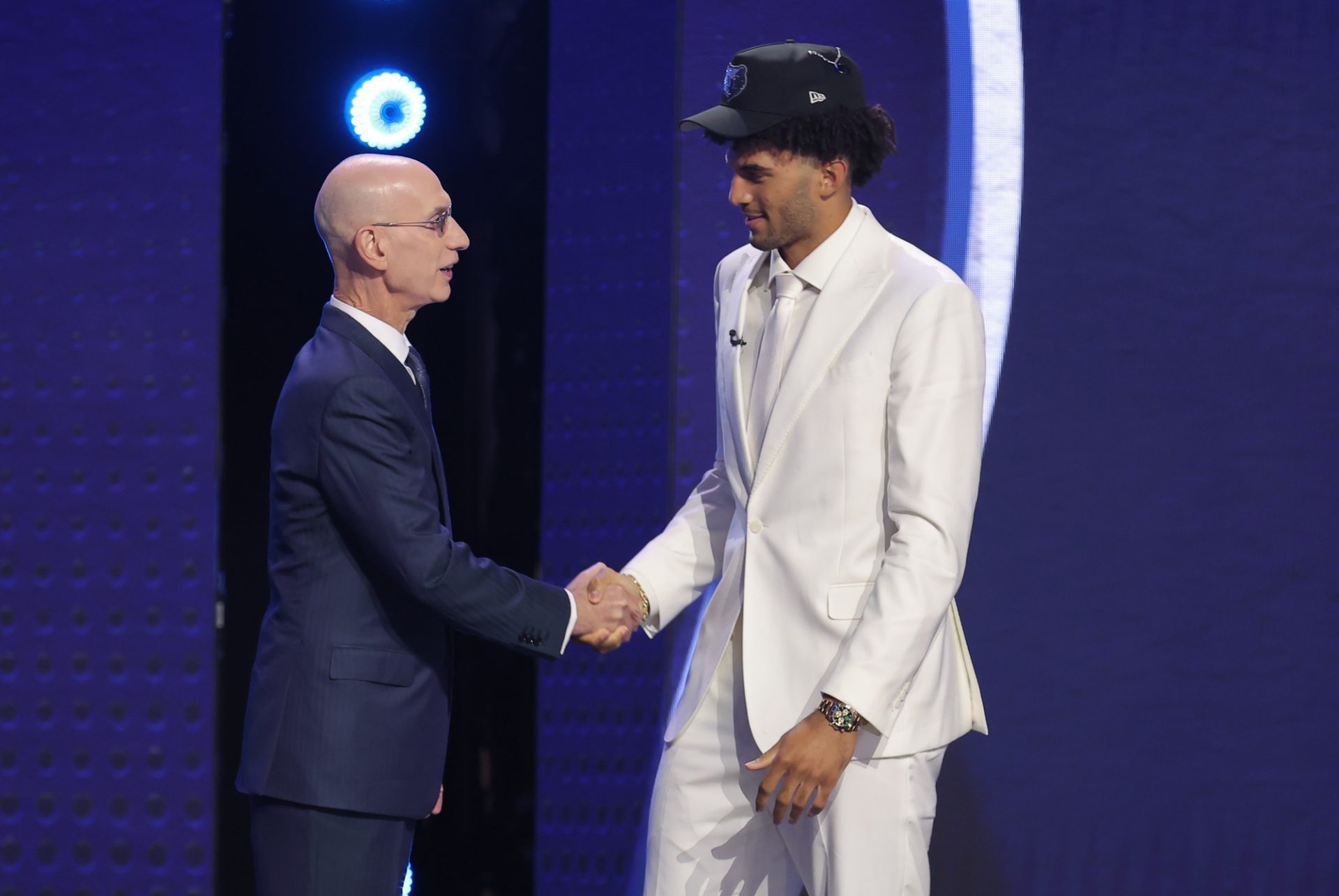 NBA commissioner Adam Silver greets the third pick in the 2026 NBA draft, Duke forward Cameron Boozer after he was selected by the Memphis Grizzlies at Barclays Center.