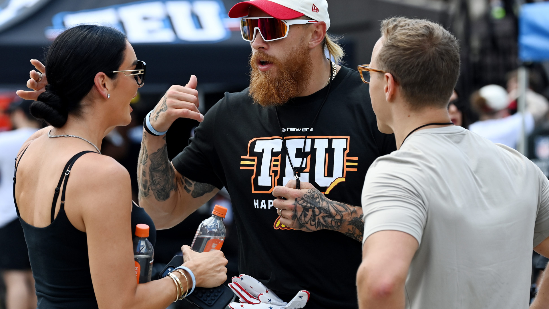 San Francisco 49ers tight end George Kittle, and founder of Tight End University talks with his wife Claire Kittle. Source: IMAGN
