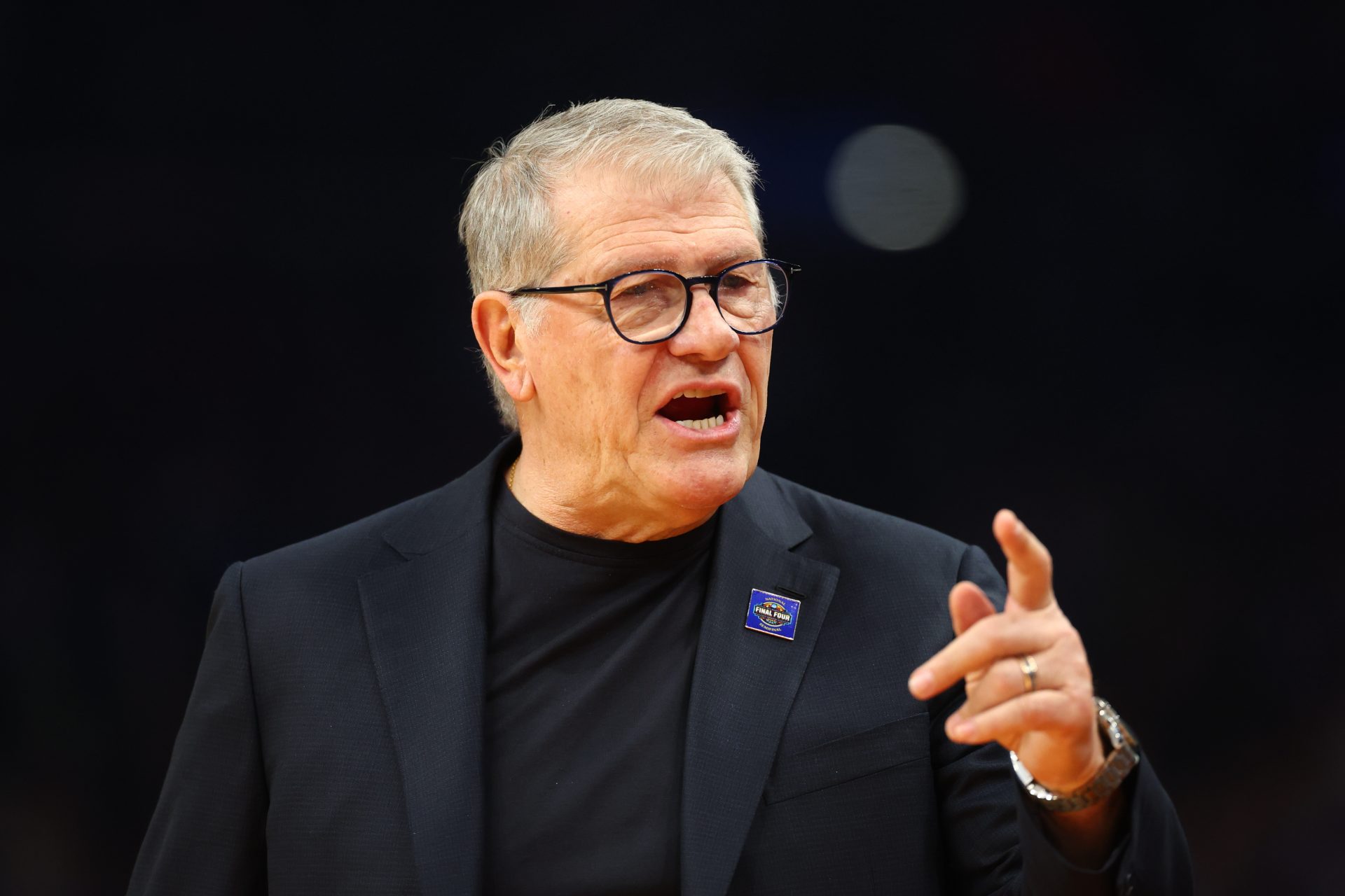 Geno Auriemma reacts during the first half of a semifinal of the Final Four - Source: Imagn