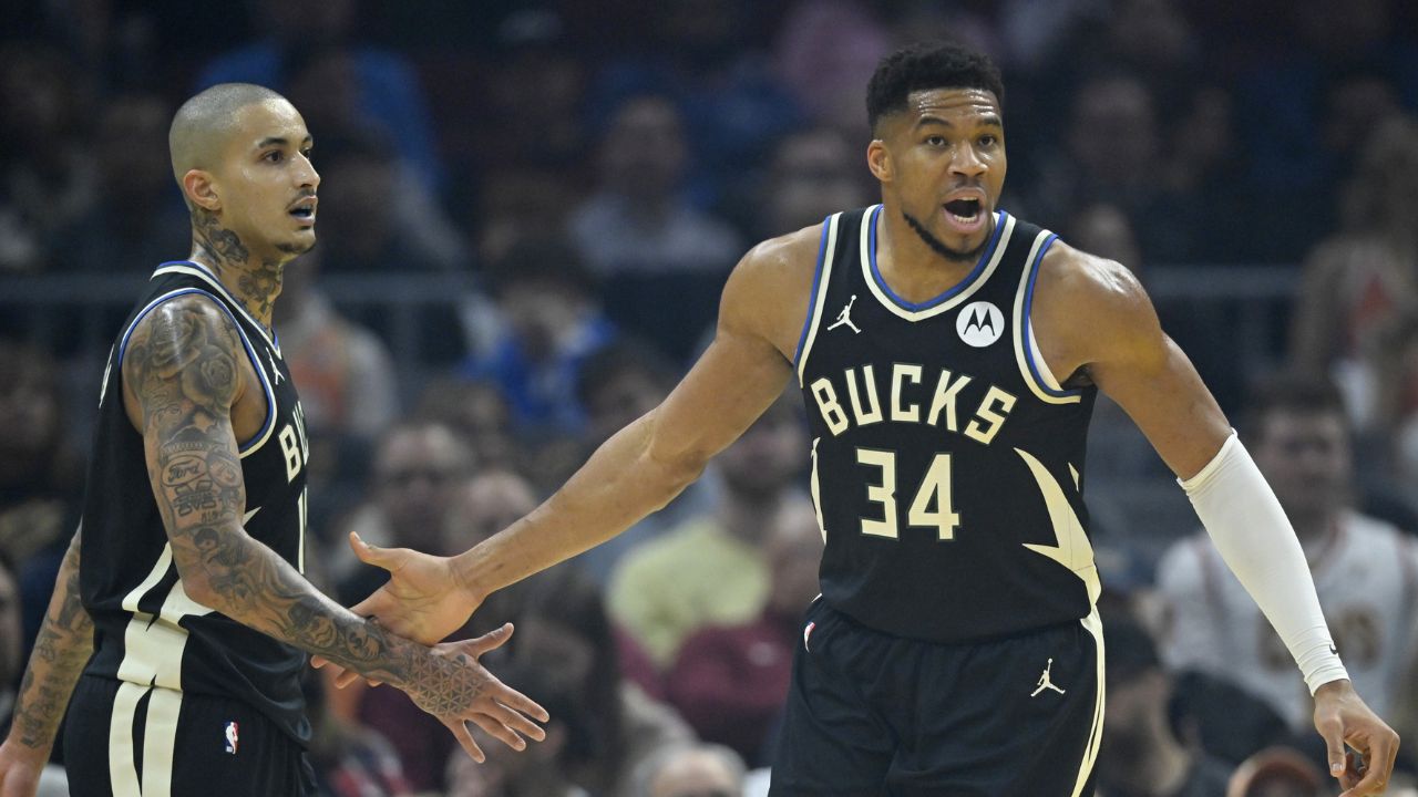 Milwaukee Bucks forward Kyle Kuzma (18) and forward Giannis Antetokounmpo (34) celebrate in the first quarter against the Cleveland Cavaliers at Rocket Arena - Source: Imagn Images