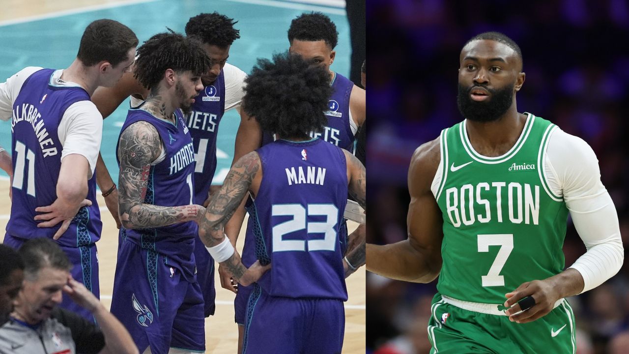 Hornets team and Jaylen Brown - Source: Imagn Images