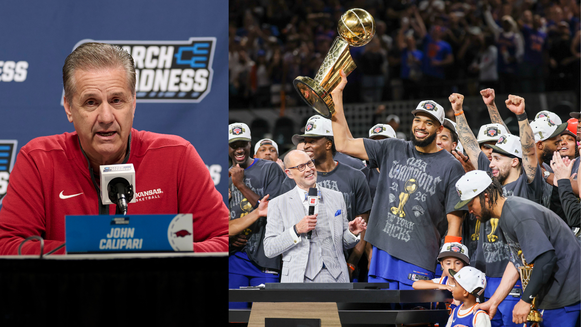 John Calipari, New York Knicks with the 2026 Larry O'Brien Championship Trophy.
Source: Imagn Images