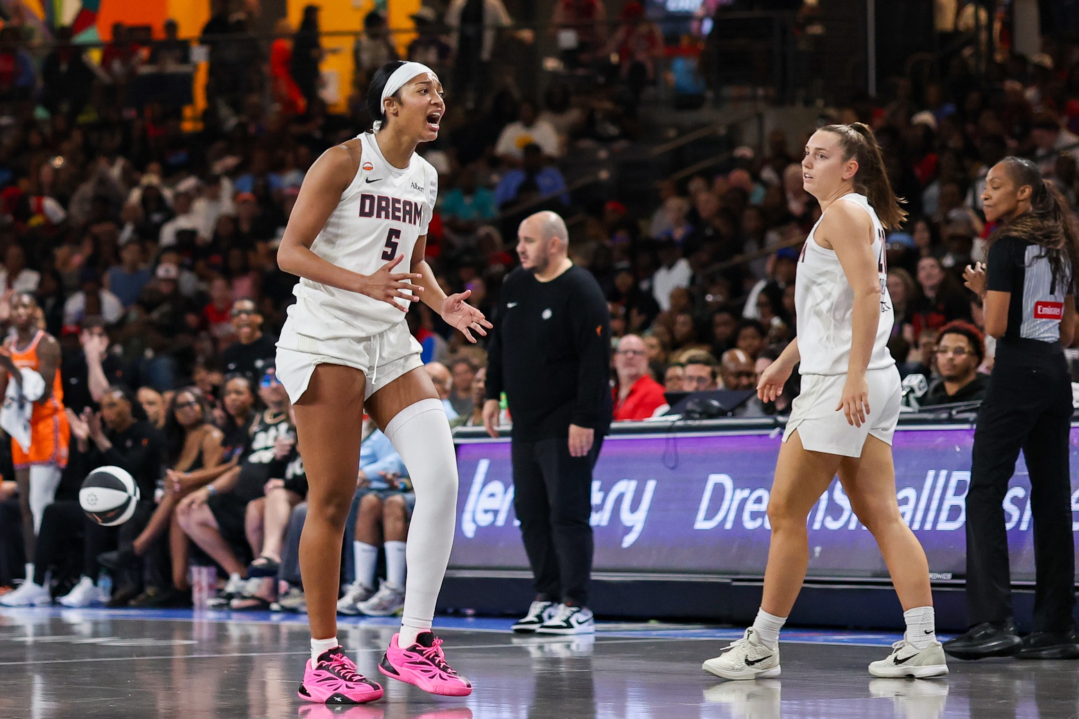 Atlanta Dream forward Angel Reese (5) reacts after a play against the Connecticut Sun in the first quarter at Gateway Center Arena at College Park.