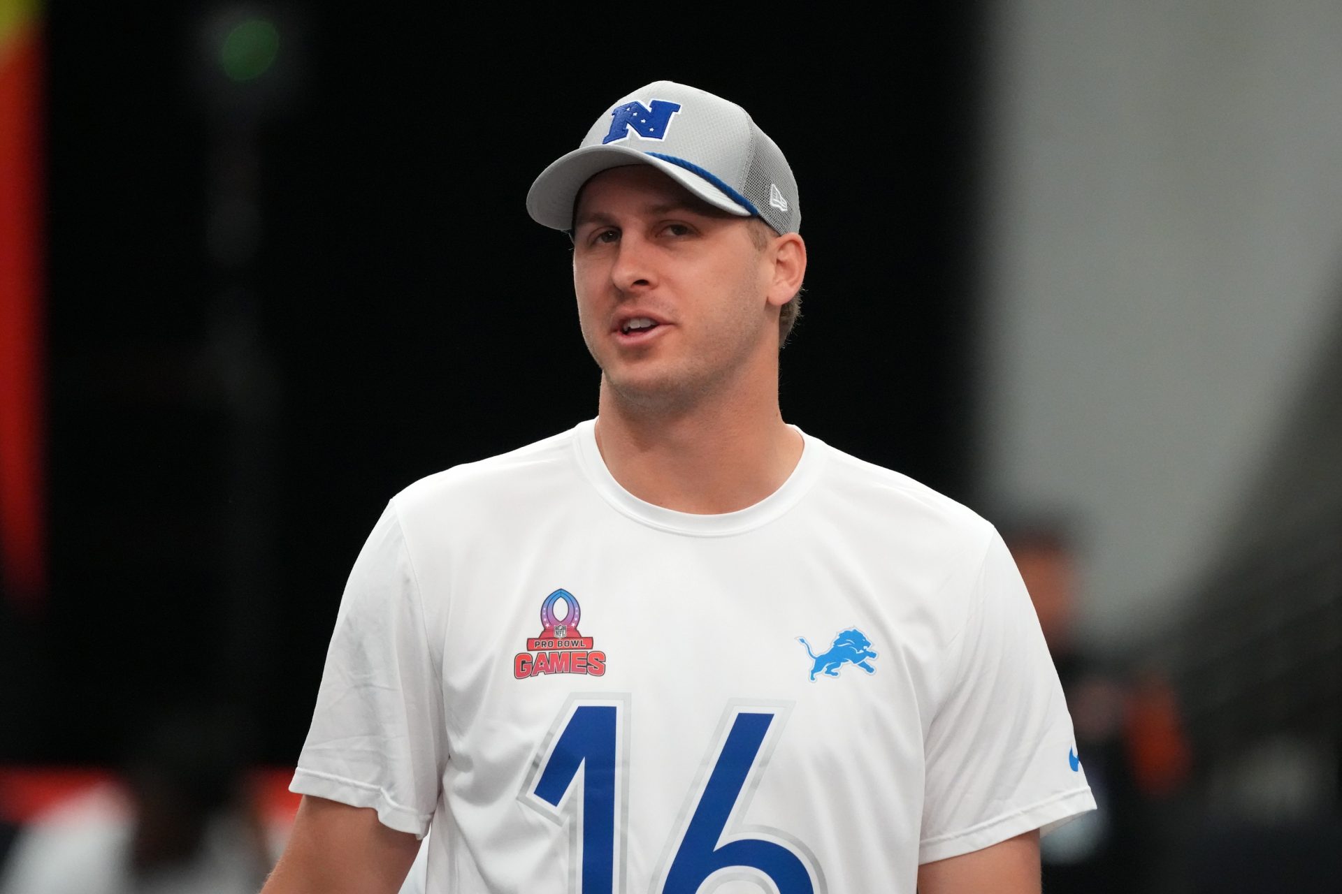 Detroit Lions quarterback Jared Goff (16) during NFC practice at the Flag Fieldhouse Moscone Center South Building.