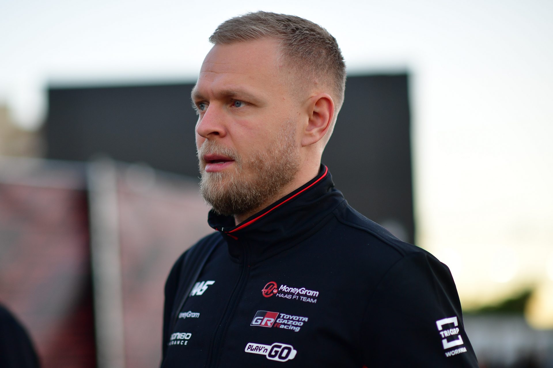 Haas F1 driver Kevin Magnussen (20) arrives before practice for the Las Vegas Grand Prix at Las Vegas Circuit.