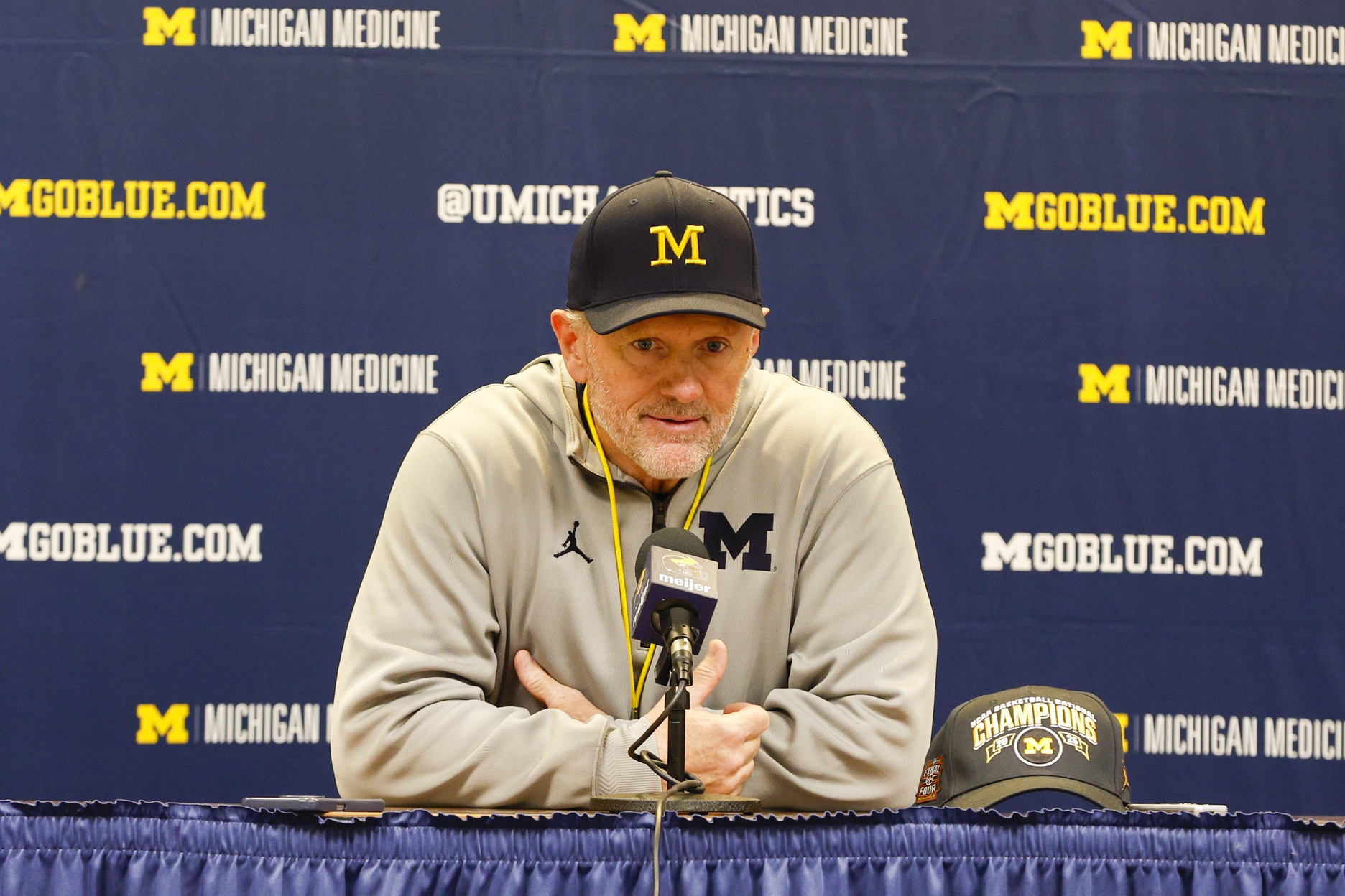 Michigan Wolverines head coach Kyle Whittingham gives remarks following the spring game at Michigan Stadium.