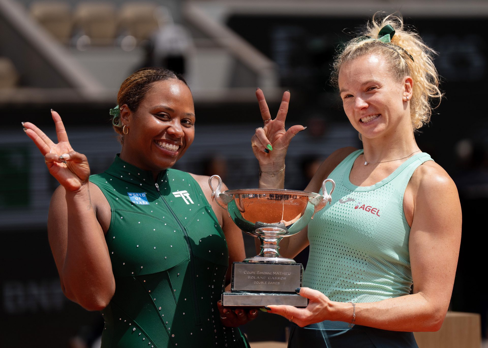 Taylor Townsend of the United States and Katerina Siniakova of the Czech Republic celebrate winning the women’s doubles final against Anna Danilina of Kazakhstan and Aleksandra Runic of Serbia on day 15  at Stade Roland Garros.