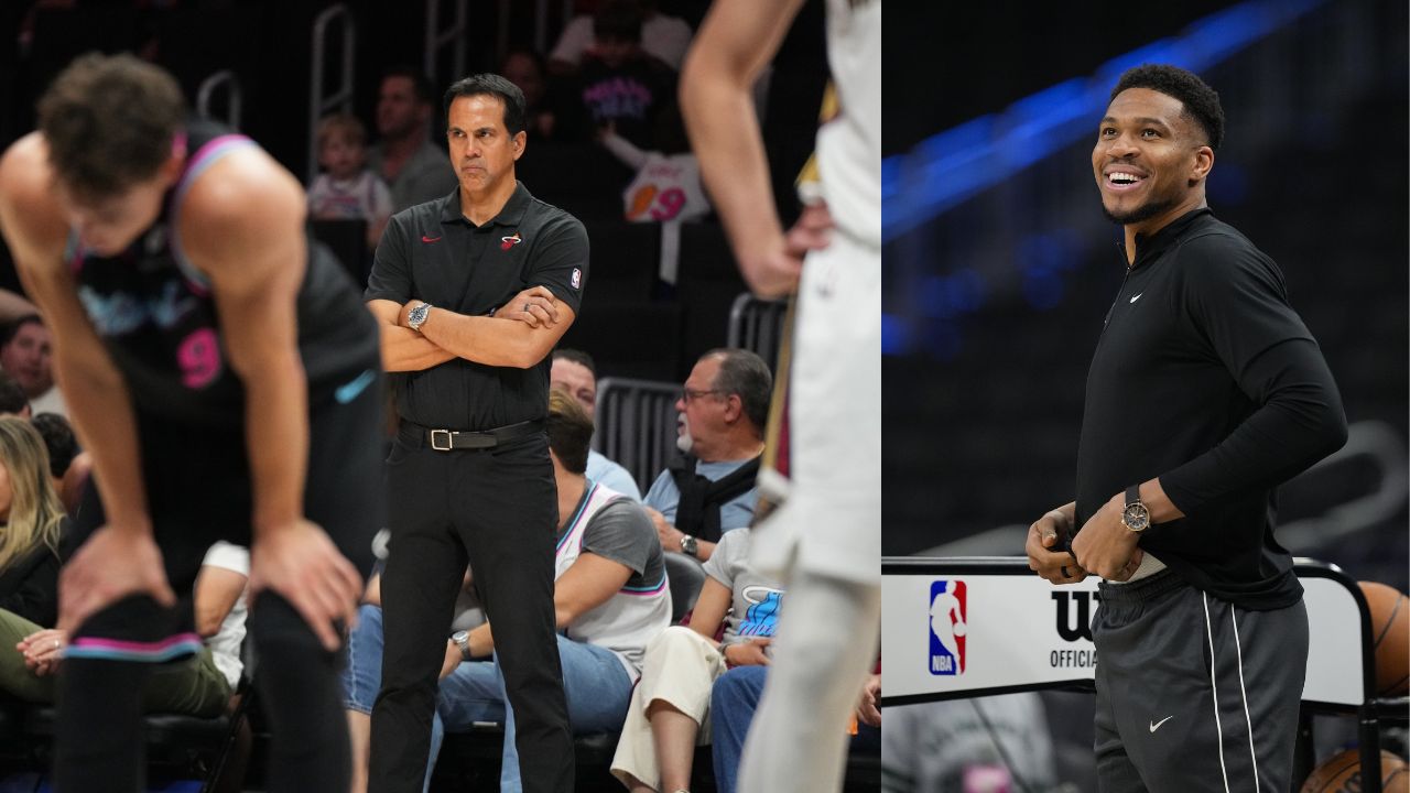 Pat Riley of the Miami Heat and Giannis Antetokounmpo - Source: Imagn Images