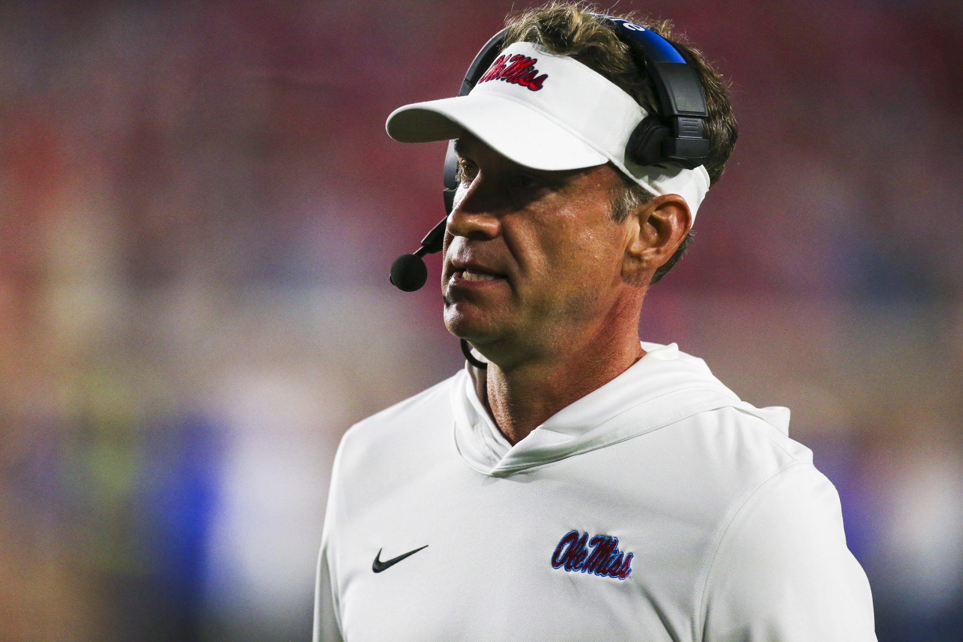 Mississippi Rebels head coach Lane Kiffin stands on the sideline during the second half against the Florida Gators at Vaught-Hemingway Stadium.