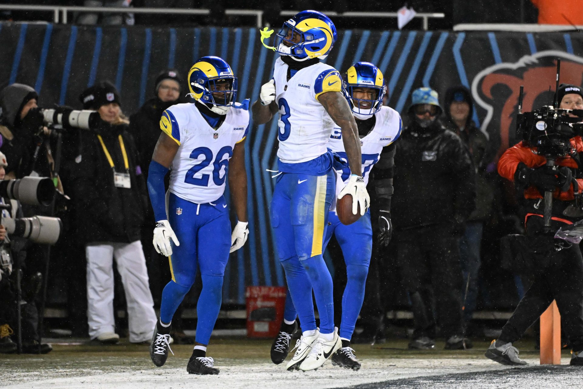 in Los Angeles Rams safety Kam Curl (3) reacts after making an interception in overtime against the Chicago Bears during an NFC Divisional Round game at Soldier Field.