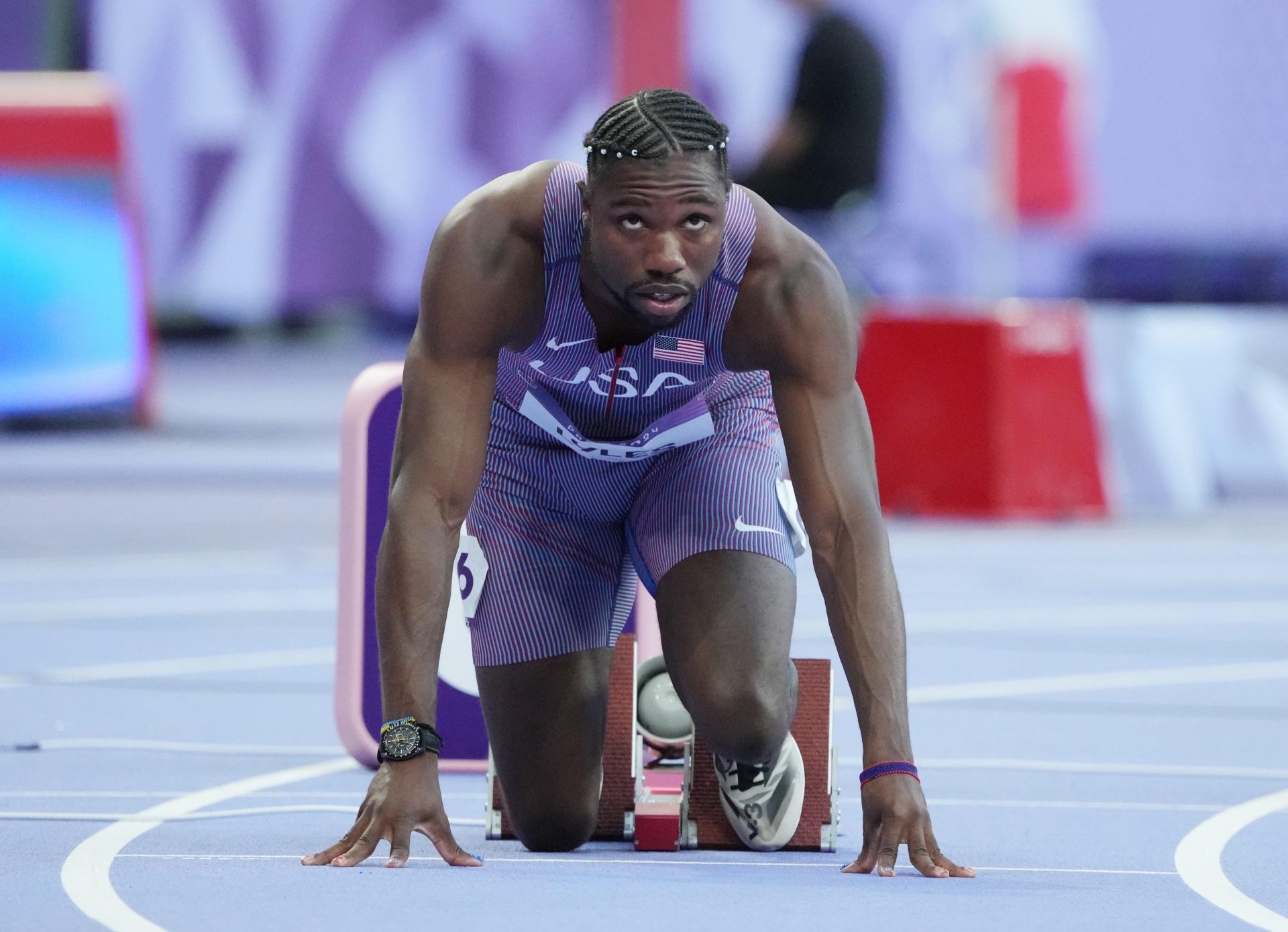 Noah Lyles (USA) in the men's 200m round 1 heats during the Paris 2024 Olympic Summer Games at Stade de France.