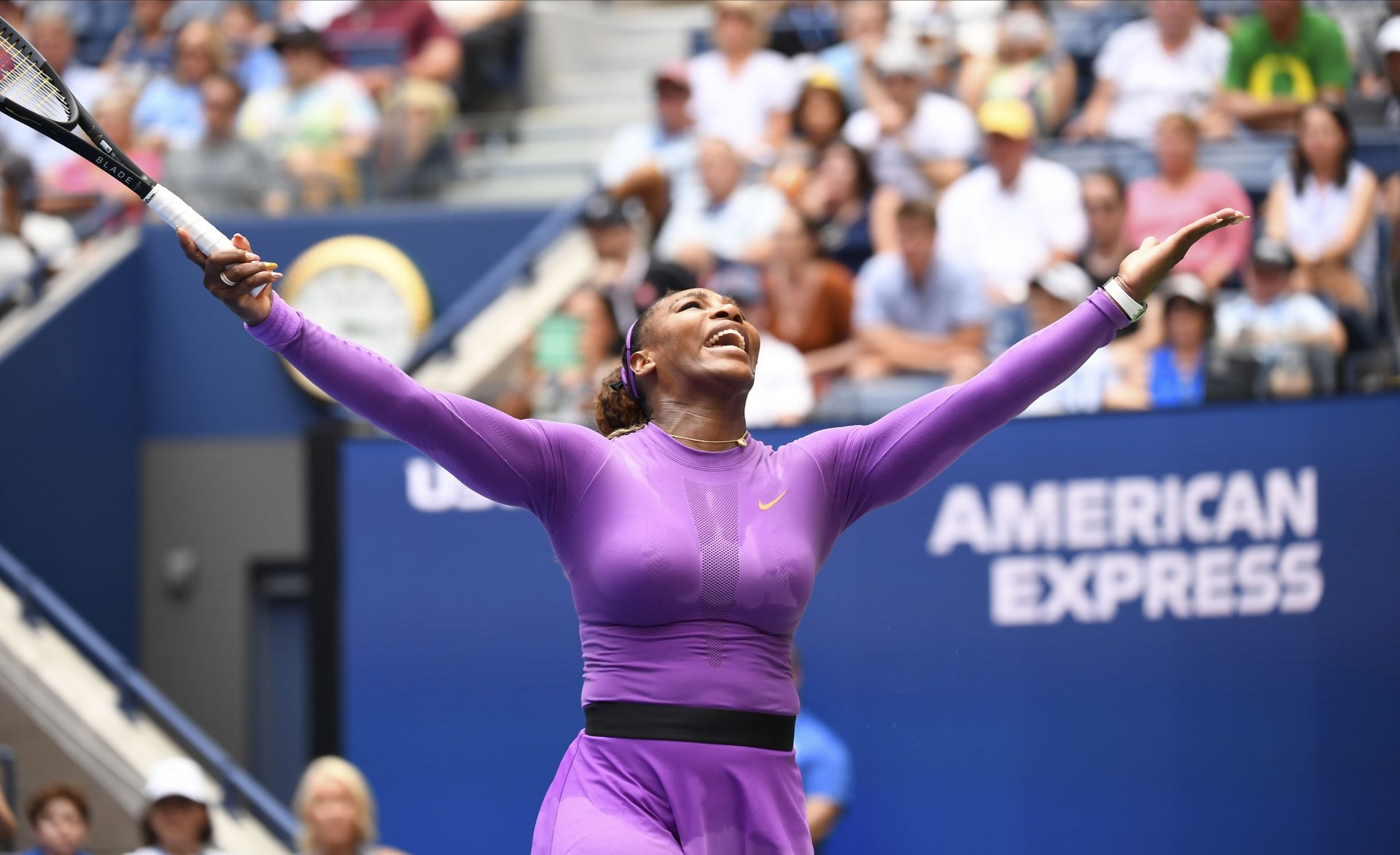Serena Williams of the USA reacts to getting a call while playing Karolina Muchova of the Czech Republic the third round on day five of the 2019 U.S. Open tennis tournament at USTA Billie Jean King National Tennis Center.