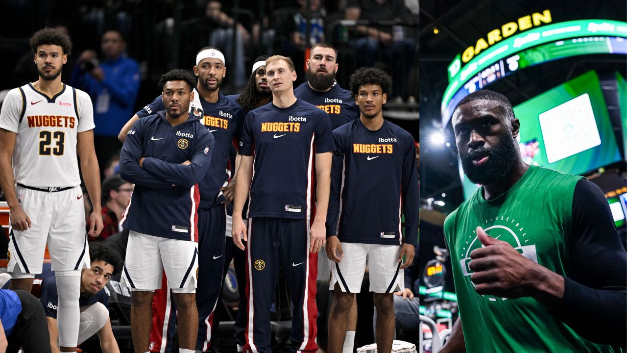 Nuggets team and Jaylen Brown - Source: Imagn Images