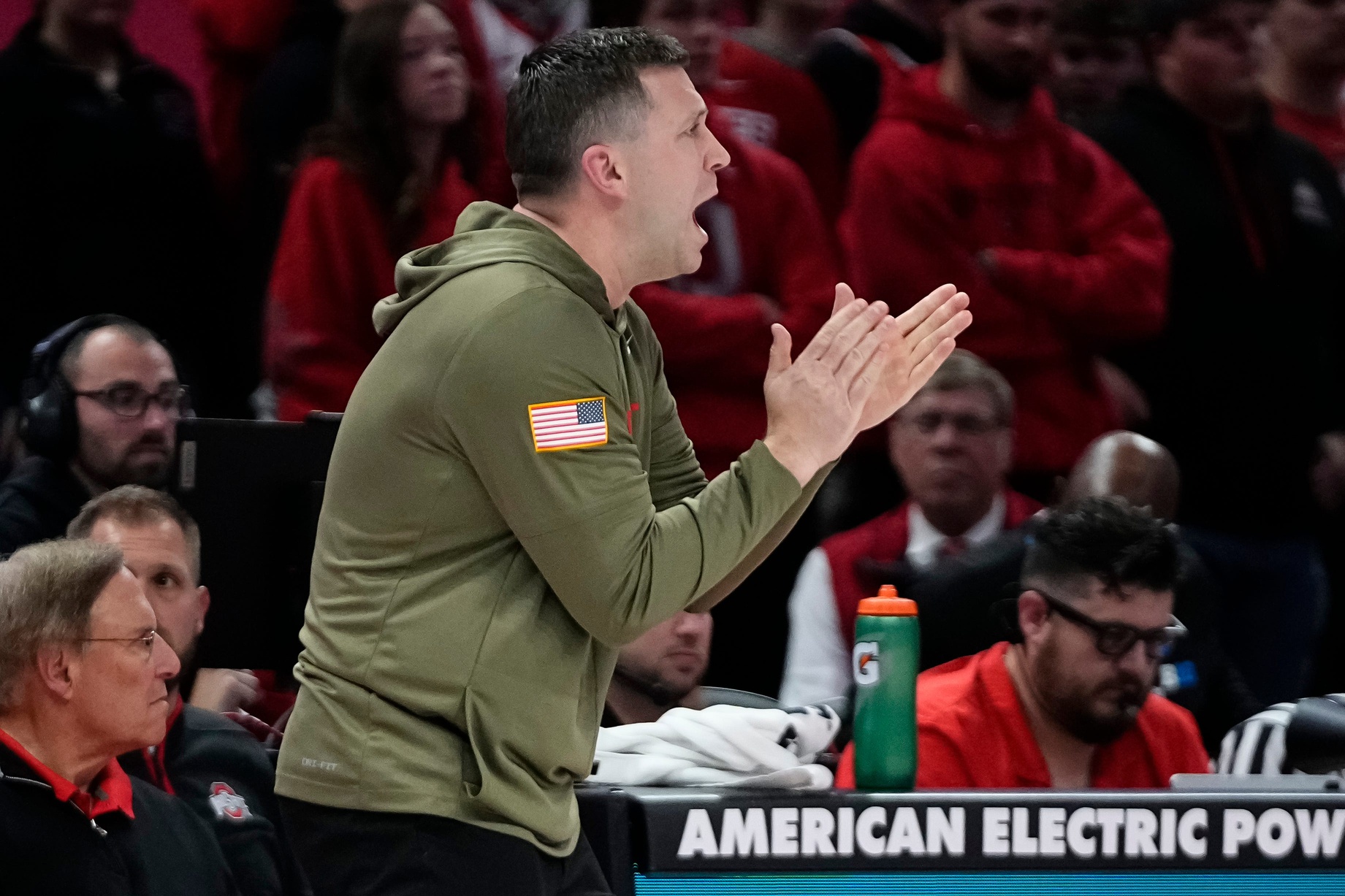 Ohio State Buckeyes head coach Jake Diebler yells to his team during the NCAA men's basketball game against the Appalachian State Mountaineers at Value City Arena in Columbus on Nov. 11, 2025. Ohio State won 75-53. Credit: Imagn
