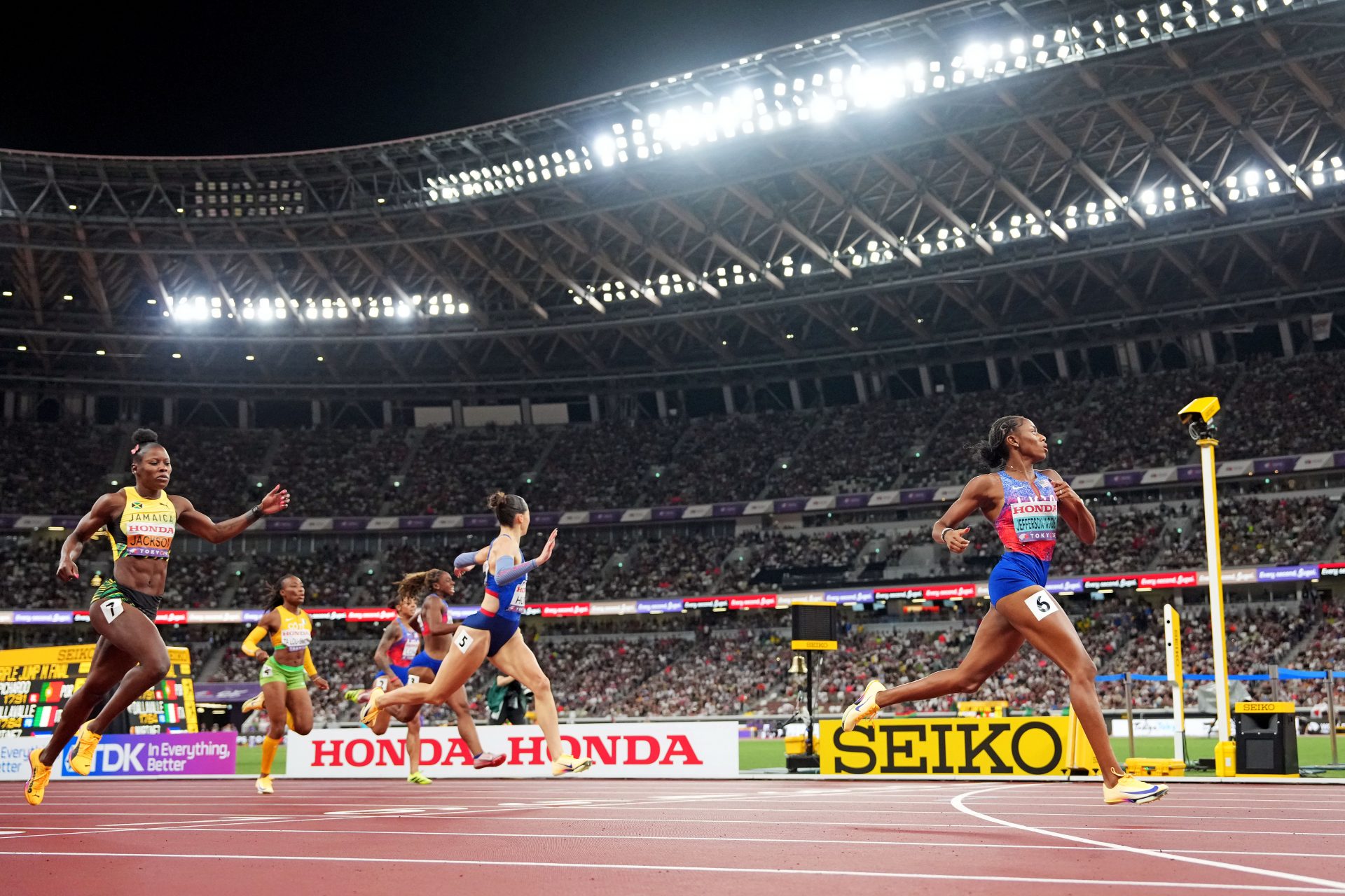 Melissa Jefferson-Wooden (USA) wins the gold medal in the womens 200m during the World Athletics Championships at National Stadium.