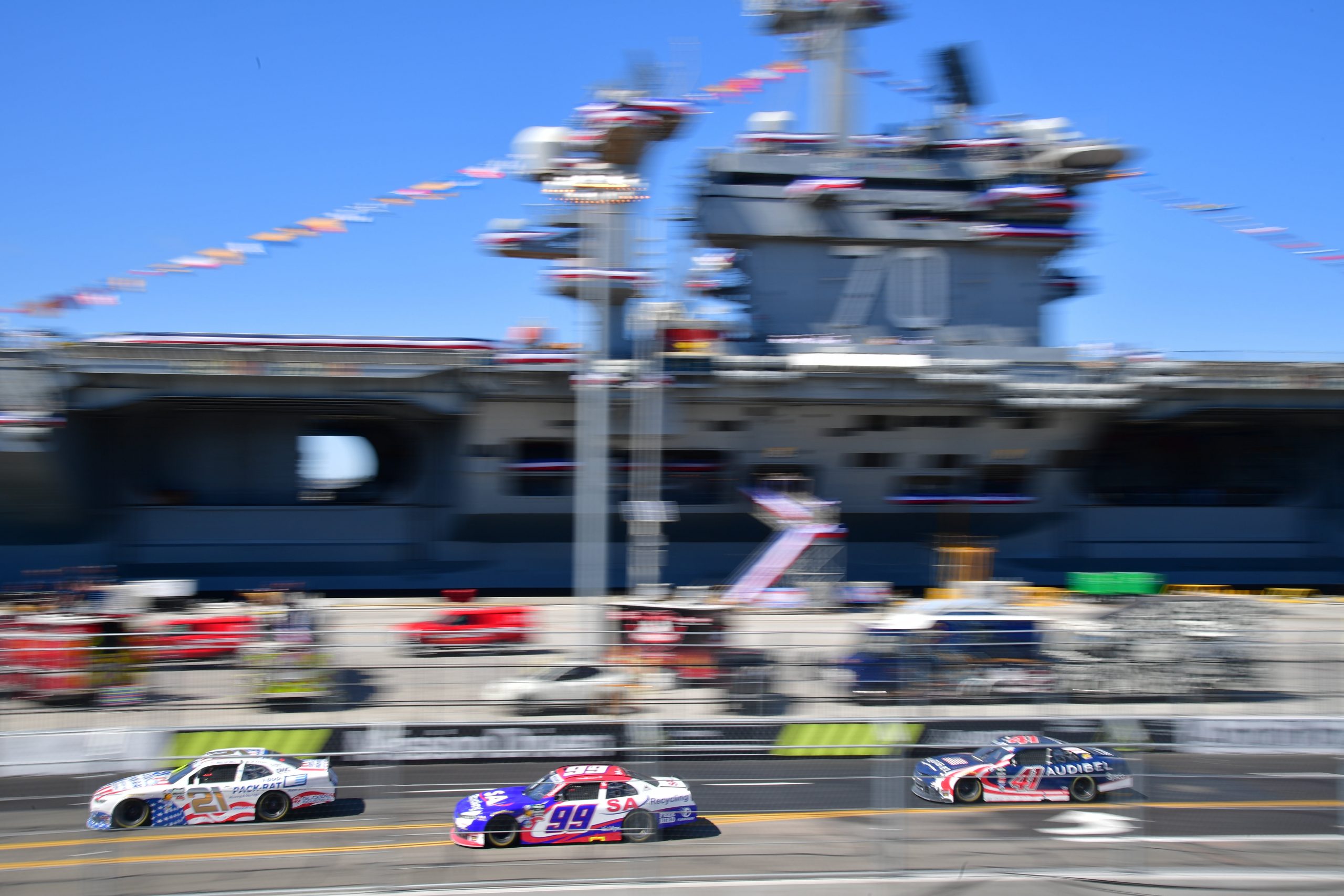 Jun 20, 2026; San Diego, California, USA; Nascar OReilly Auto Parts Series driver Austin Hill (21) driver Patrick Retzlaff (99) and driver Sam Mayer (41) during the United Rentals Driven To Serve 250 at San Diego Street Course. Mandatory Credit: Gary A. Vasquez-Imagn Images