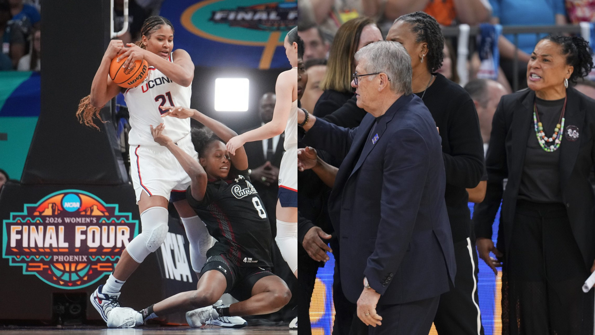 Sarah Strong, Geno Auriemma, and Dawn Staley. - Source: Imagn