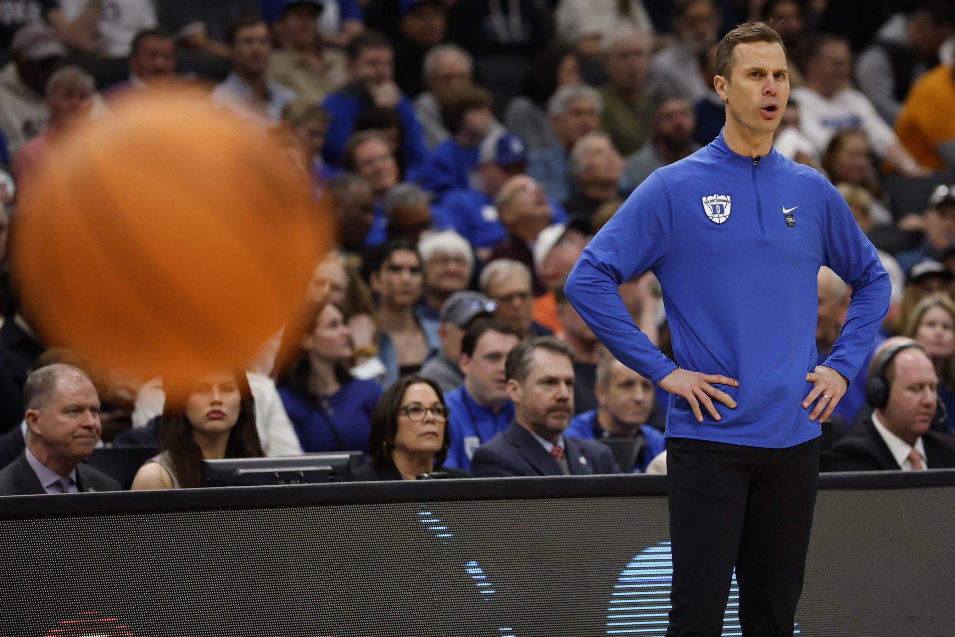 Duke Blue Devils head coach Jon Scheyer looks on from the bench against the UConn Huskies -
Source: Imagn