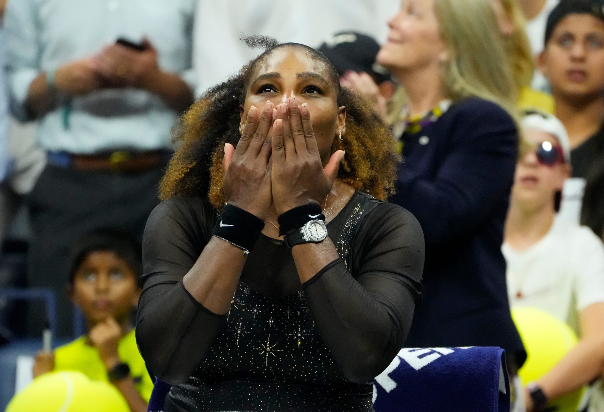 Serena Williams of the USA after beating Danka Kovinic of Montenegro on day one of the 2022 U.S. Open Tennis Tournament at the Billie Jean King National Tennis Center.