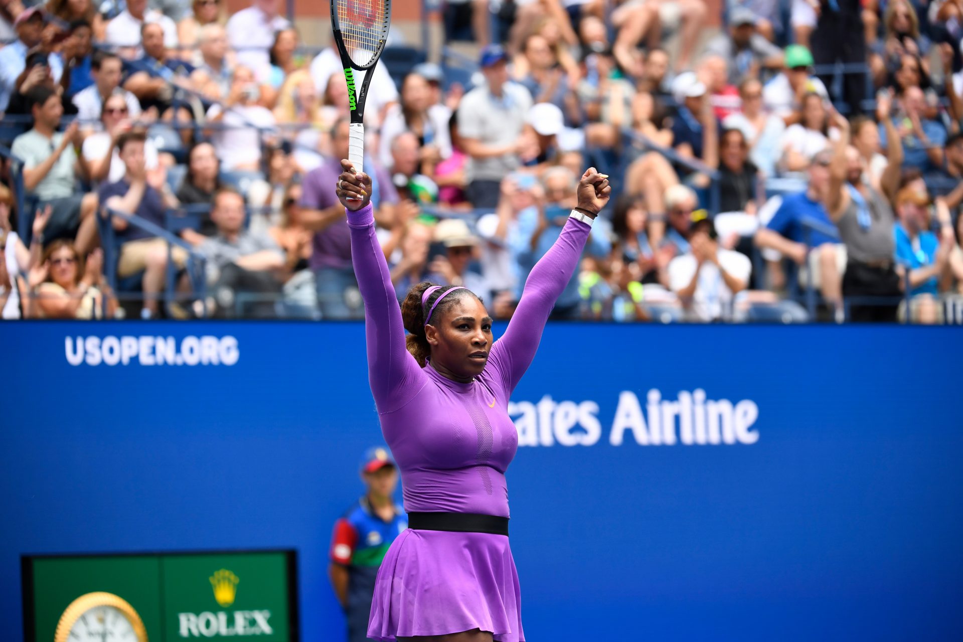 Serena Williams of the USA after beating Petra Martic of Croatia in the fourth round on day seven of the 2019 U.S. Open tennis tournament at USTA Billie Jean King National Tennis Center.