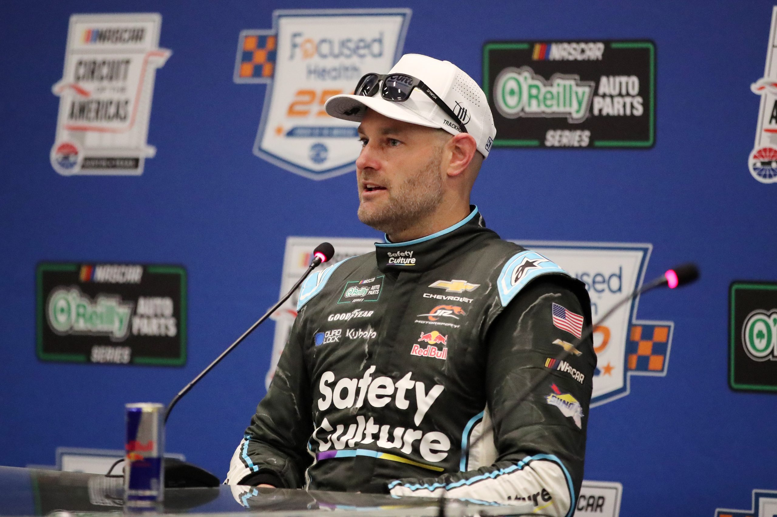 Feb 28, 2026; Austin, Texas, USA; O&rsquo;Reilly NASCAR O&rsquo;Reilly Auto Parts Series driver Shane Van Gisbergen (9) takes questions from the media after winning the NASCAR O&rsquo;Reilly Auto Parts Series Focused Health 250 at Circuit of the Americas. Mandatory Credit: Michael C. Johnson-Imagn Images