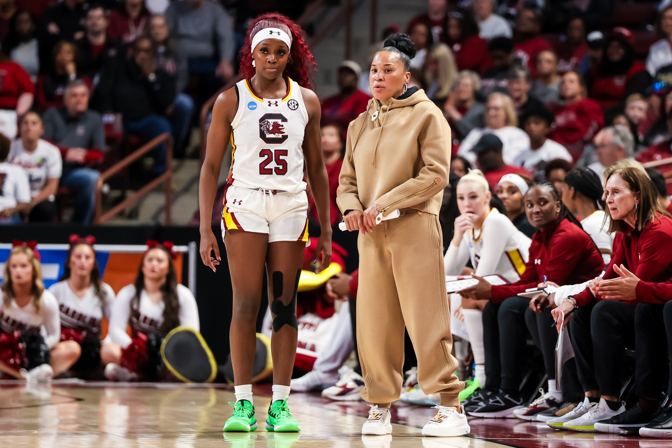 South Carolina Gamecocks head coach Dawn Staley speaks with guard Raven Johnson (25) against the North Carolina Tar Heels in the first half at Colonial Life Arena. Source: Imagn