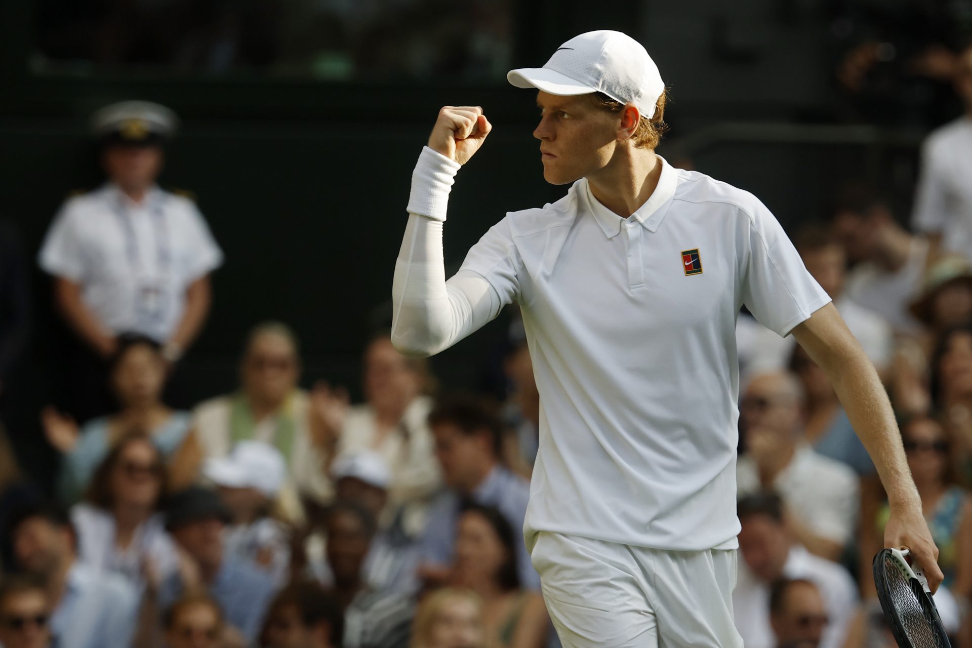 Jannik Sinner (ITA) reacts after winning the third set against Carlos Alcaraz (ESP)(not pictured) in the gentlemen's' singles final of The Championships Wimbledon 2025 at All England Lawn Tennis and Croquet Club.