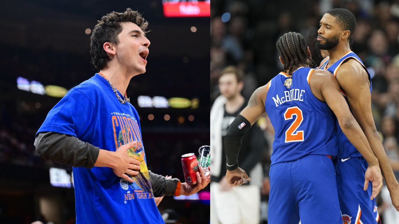 Timothee Chalamet and Mikal Bridges - Source: Imagn Images