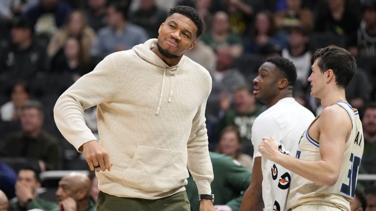 Milwaukee Bucks forward Giannis Antetokounmpo reacts following a play during the second quarter against the Brooklyn Nets at Fiserv Forum - Source: Imagn Images
