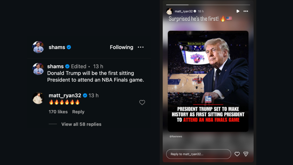 Matt Ryan's reaction to Donald Trump attending NBA Finals Game 3