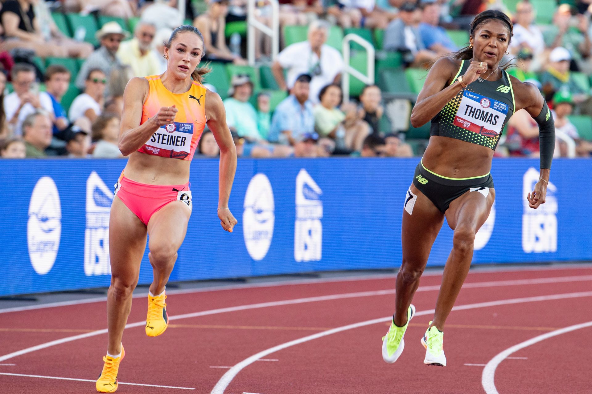 Abby Steiner and Gabby Thomas advance to the women's 200 meters finals during day eight of the U.S. Olympic Track & Field Trials at Hayward Field in Eugene, Ore., on Friday, June 28, 2024.