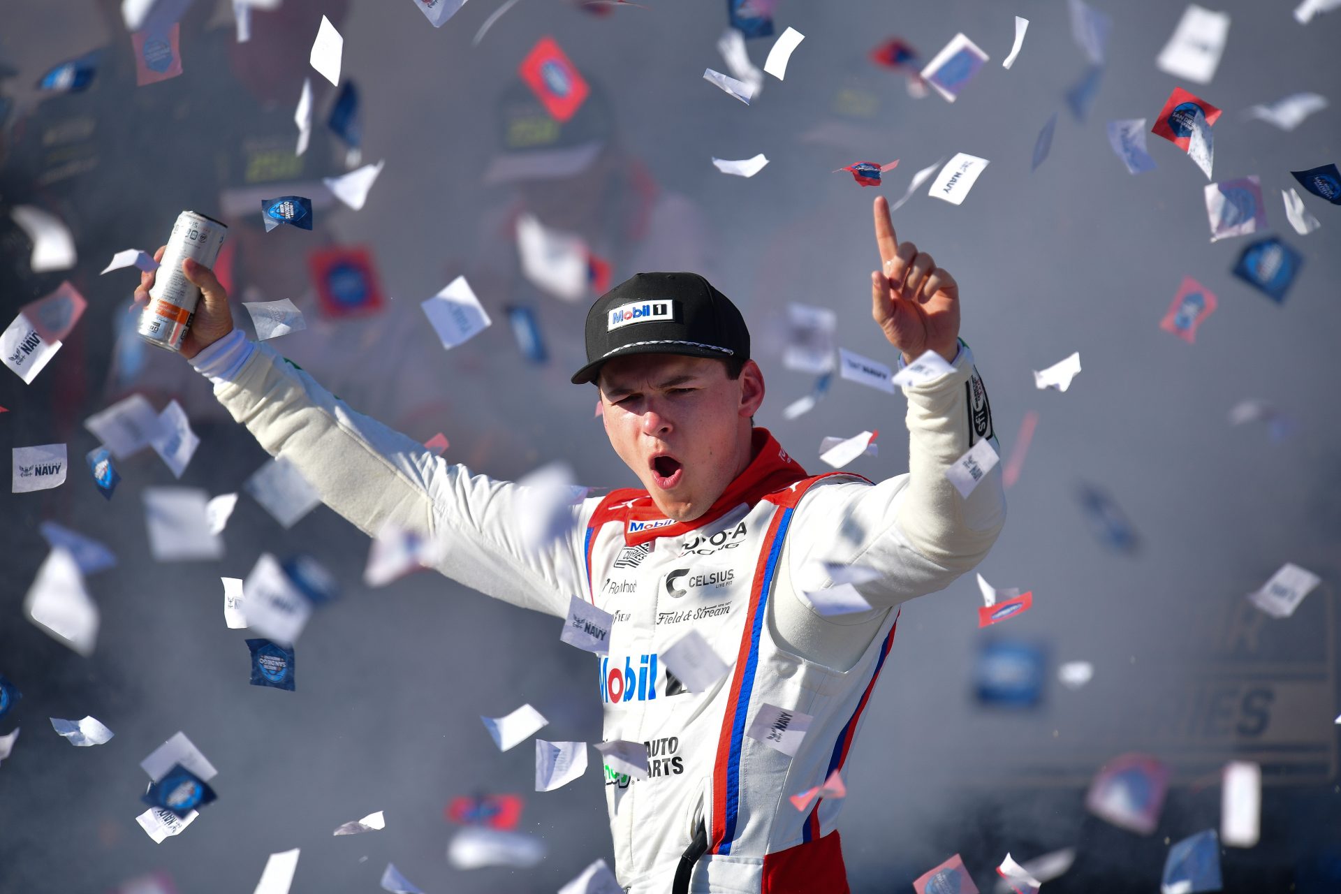 23XI Racing driver Corey Heim (67) celebrates his victory of the Anduril 250 at San Diego Street Course.