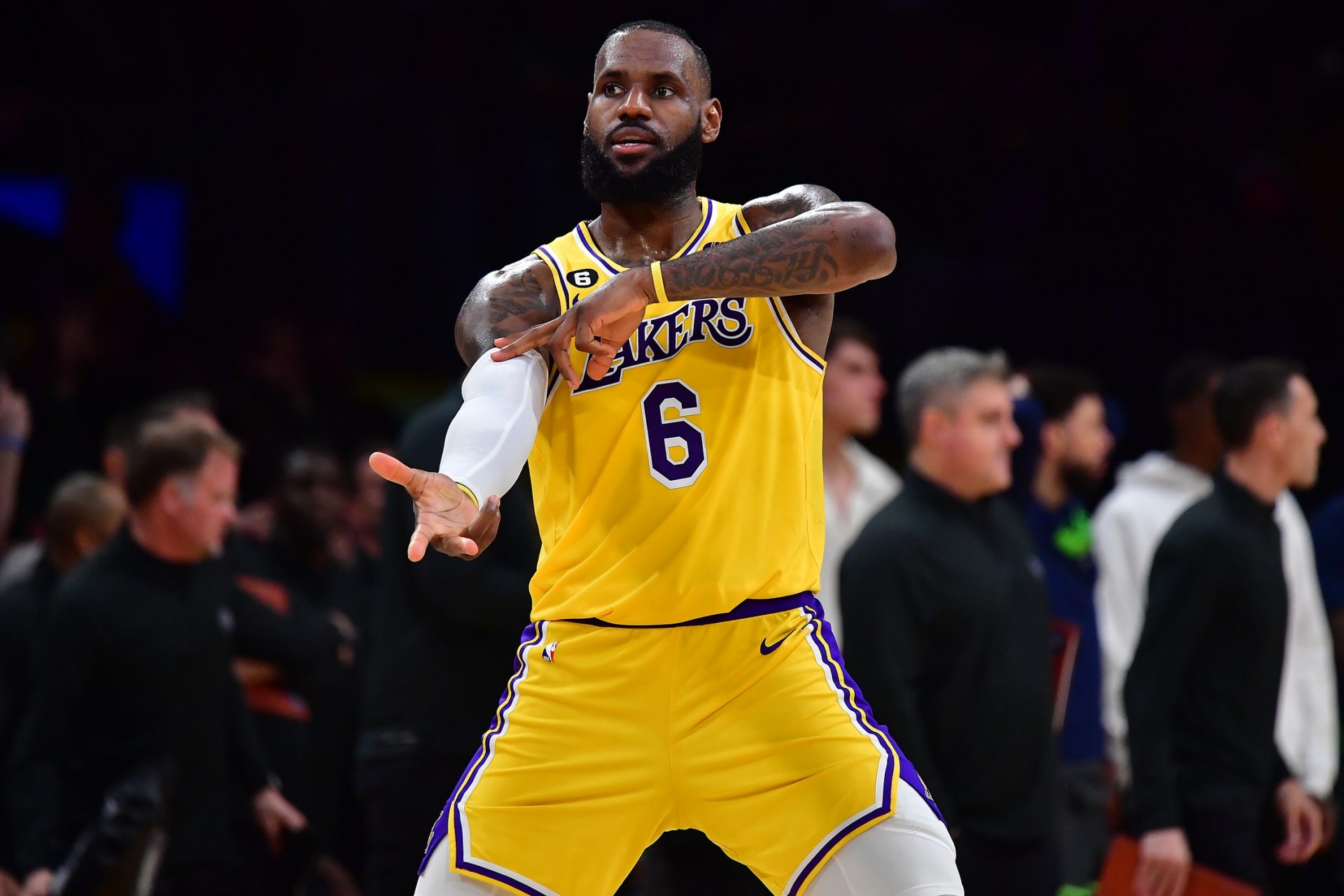 Los Angeles Lakers forward LeBron James (6) reacts after Los Angeles Lakers guard Dennis Schroder (17) scores a three poibt basket against the Minnesota Timberwolves during the second half at Crypto.com Arena. Source: Imagn