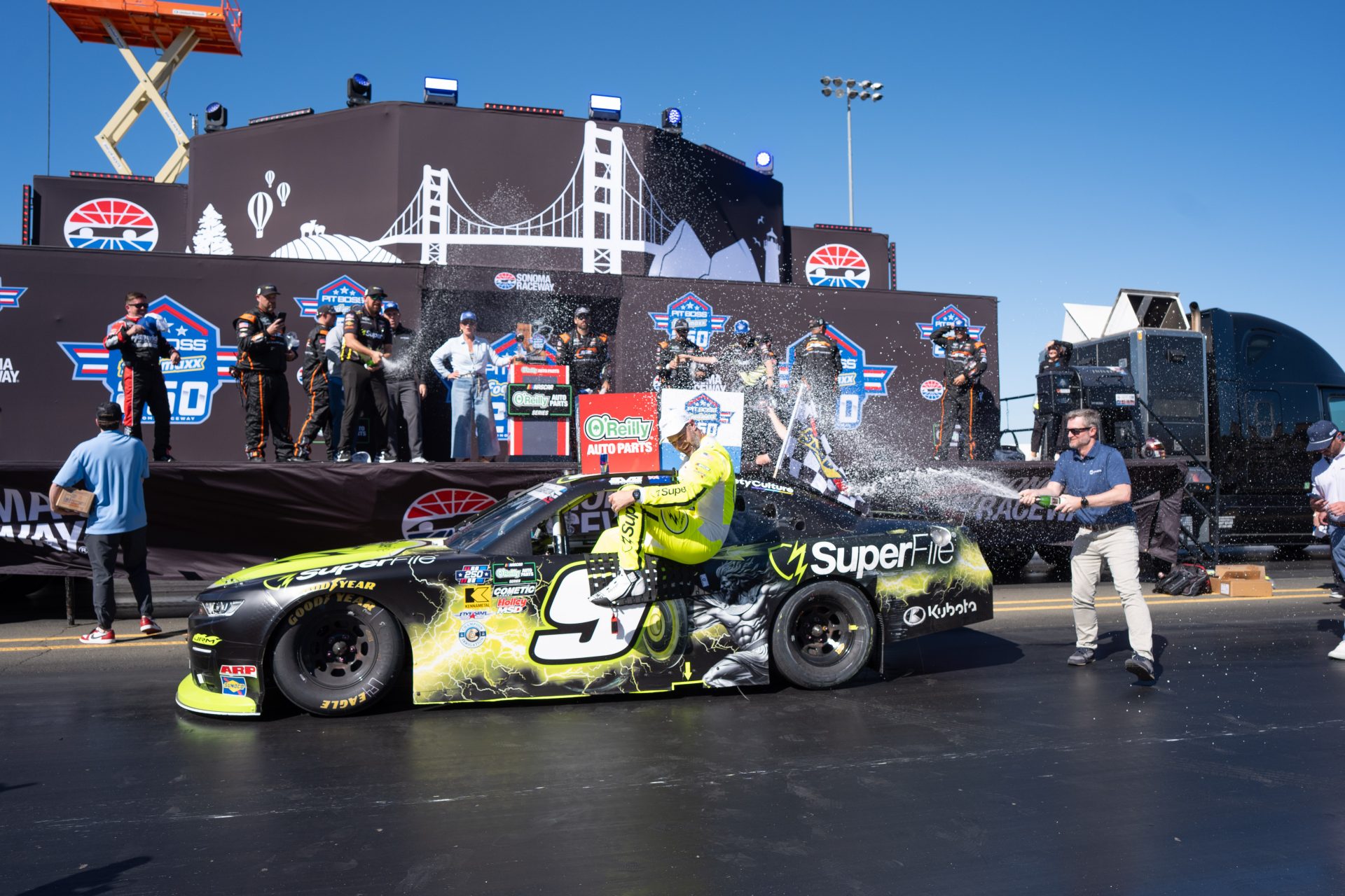 SuperFile driver Shane Van Gisbergen (9) gets showered by teammates after winning the NASCAR O’Reilly Auto Parts Series Race at Sonoma Raceway.