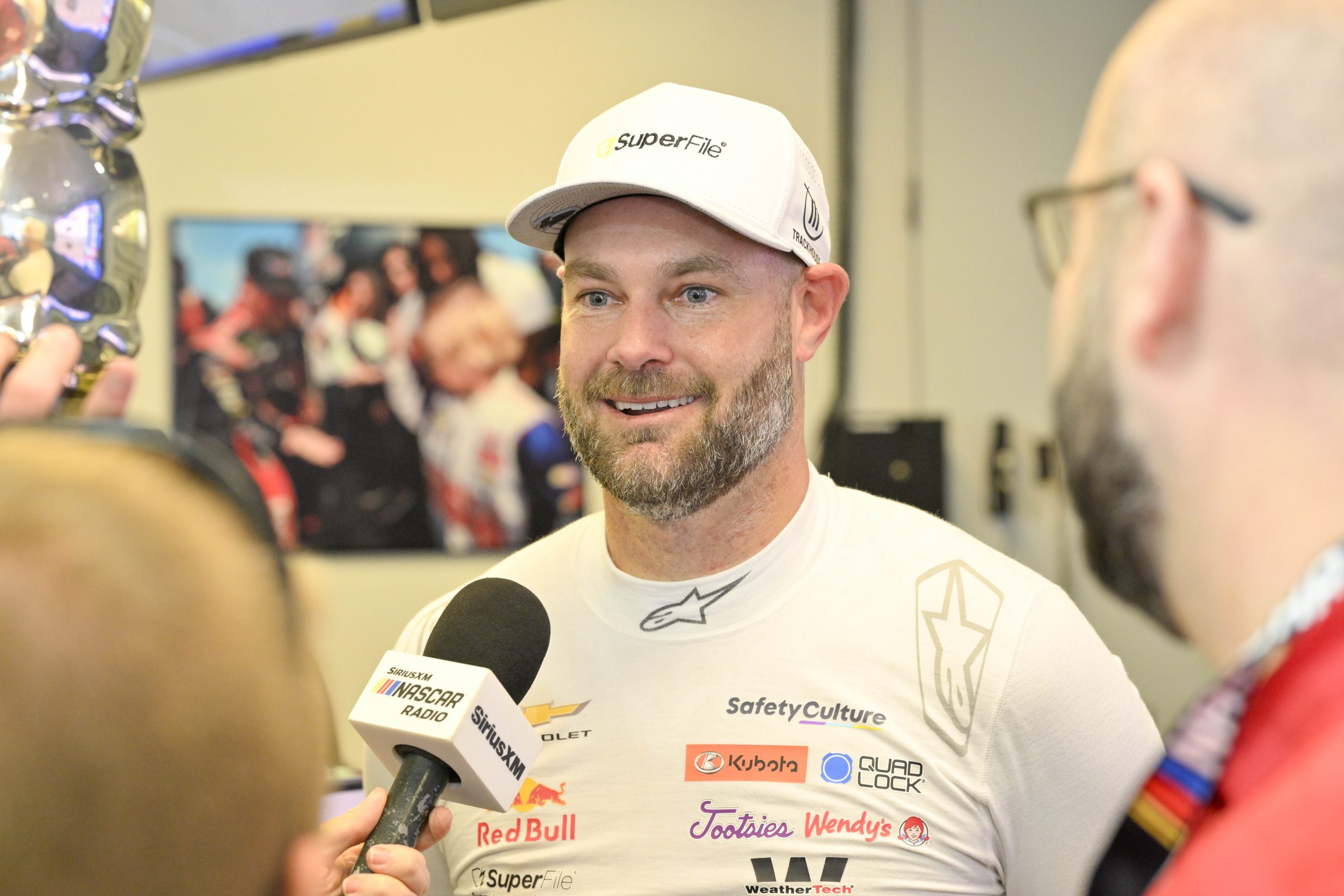 May 2, 2026; Fort Worth, Texas, USA; RFK Racing driver Shane van Gisbergen (97) is interviewed after the qualifying session for the 2026 Wurth 400 Cup race at Texas Motor Speedway. Mandatory Credit: Jerome Miron-Imagn Images