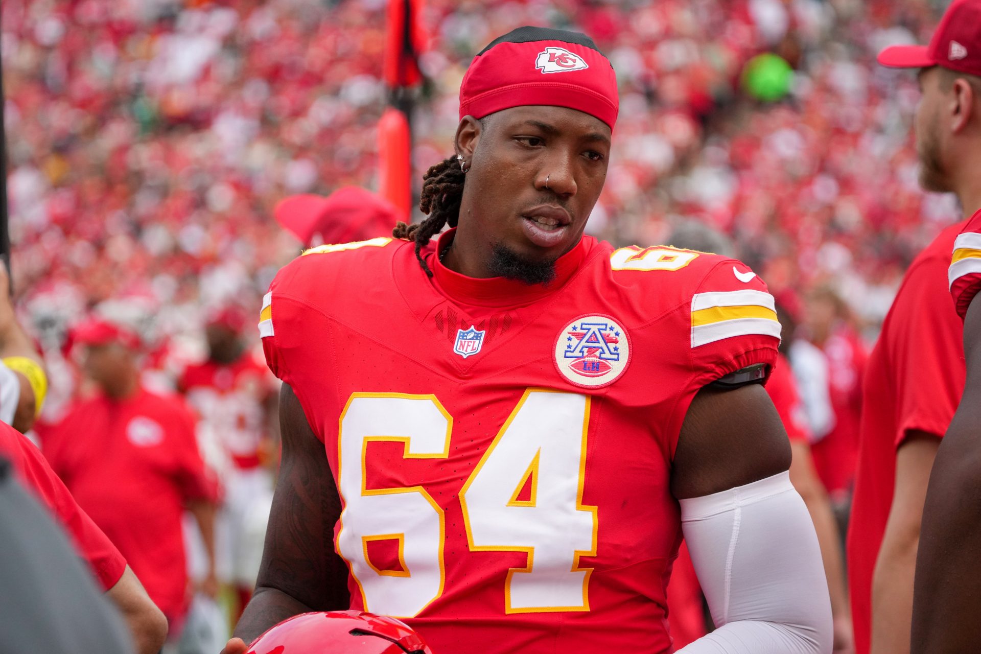 Kansas City Chiefs Wanya Morris (64) during the second half of the game against the Philadelphia Eagles at GEHA Field at Arrowhead Stadium.