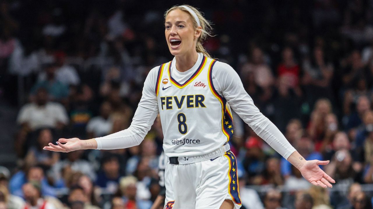 Indiana Fever guard Sophie Cunningham (8) reacts to a foul call during the game against the Atlanta Dream during the second quarter at State Farm Arena - Source: Imagn Images